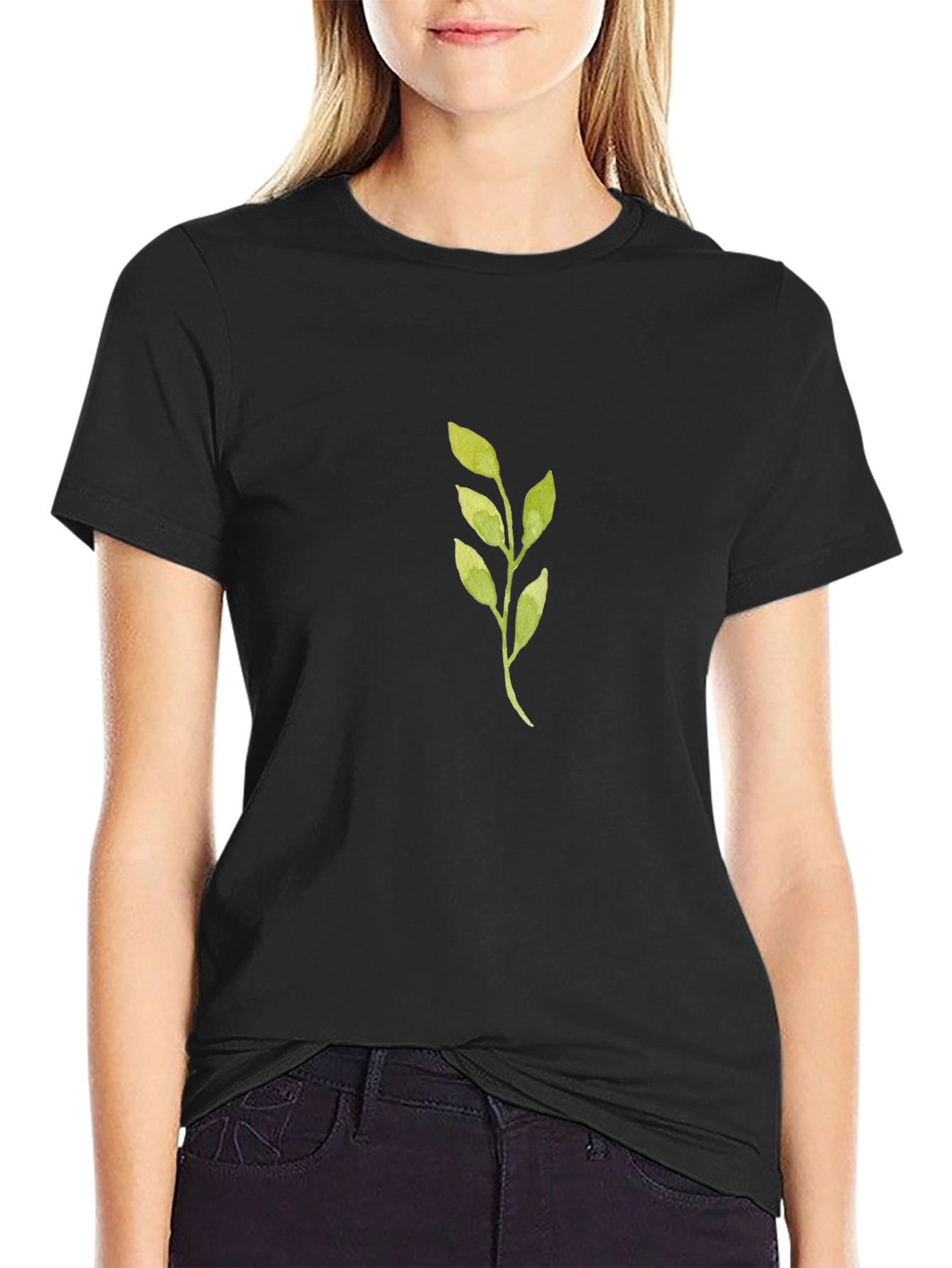 Green Leaf Graphic Black T-Shirt