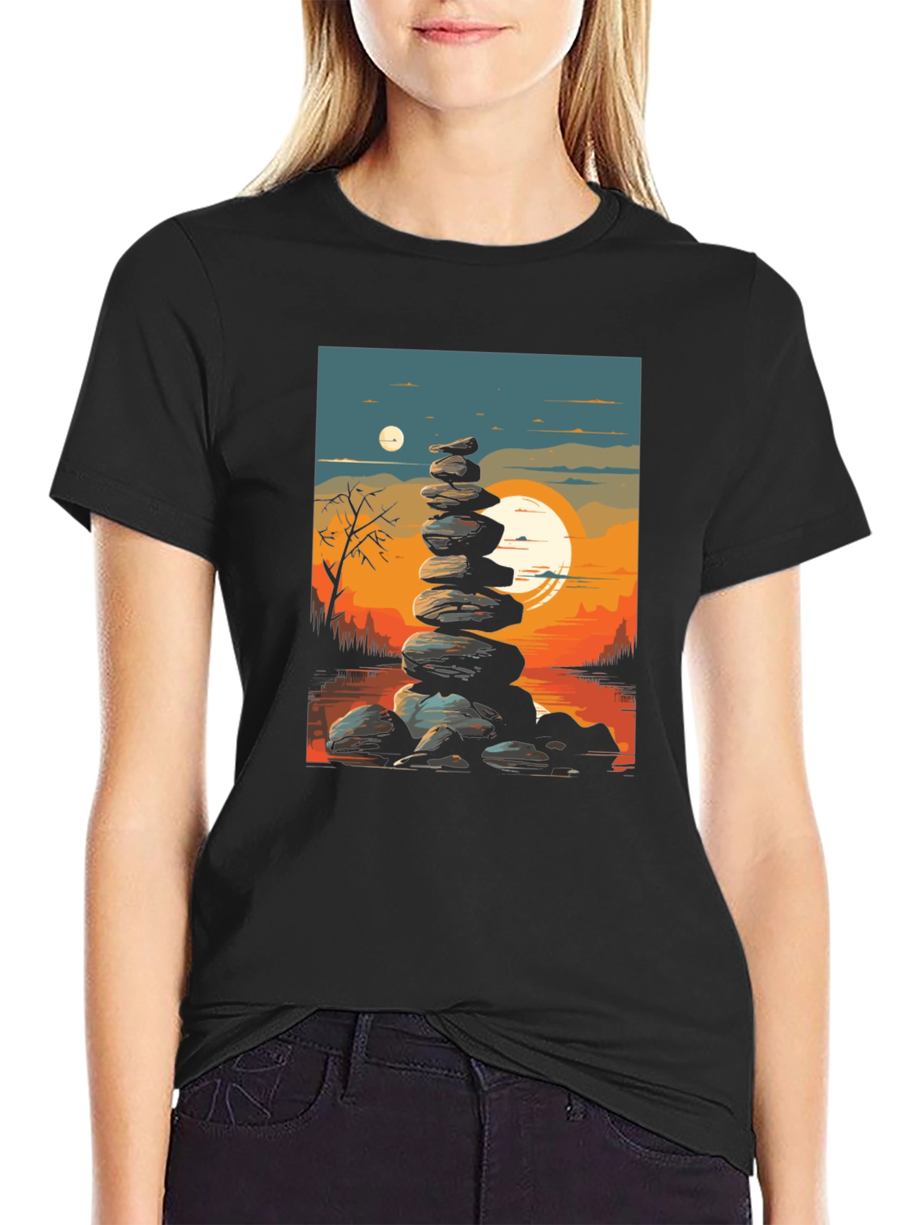 Zen Rock Stack T-Shirt - Sunset Landscape
