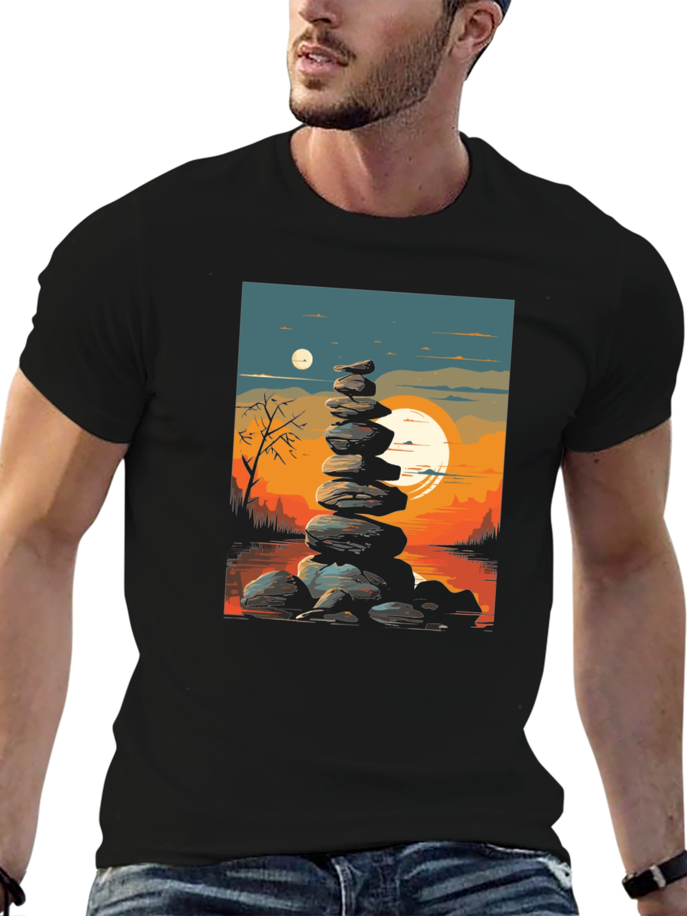 Zen Rock Stack T-Shirt - Sunset Landscape