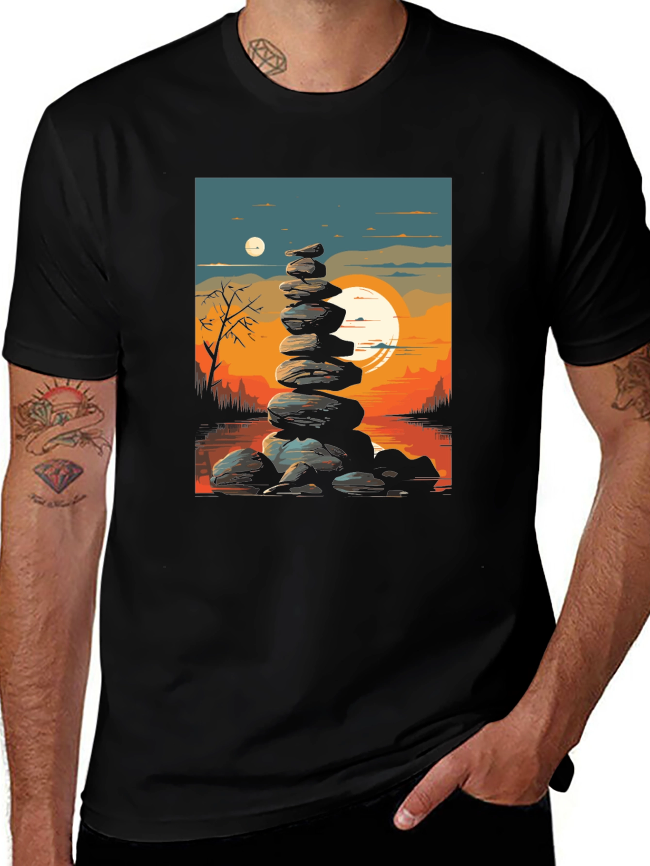 Zen Rock Stack T-Shirt - Sunset Landscape