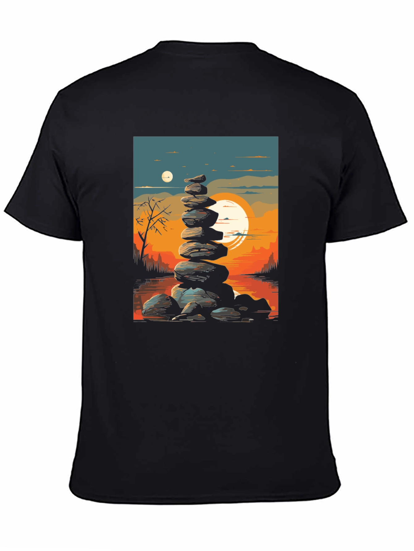 Zen Rock Stack T-Shirt - Sunset Landscape