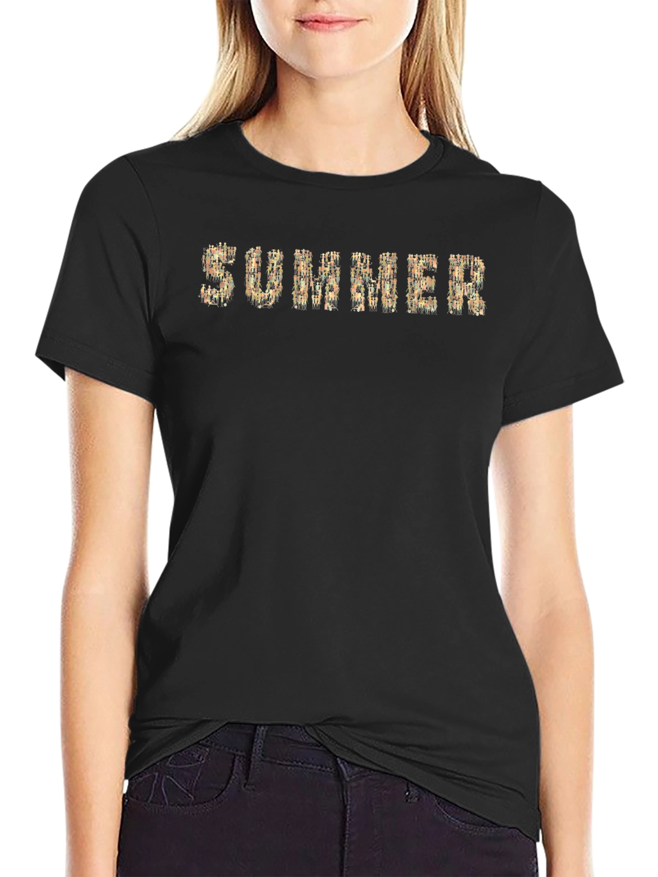 Summer Graphic Print Black Crew Neck T-Shirt
