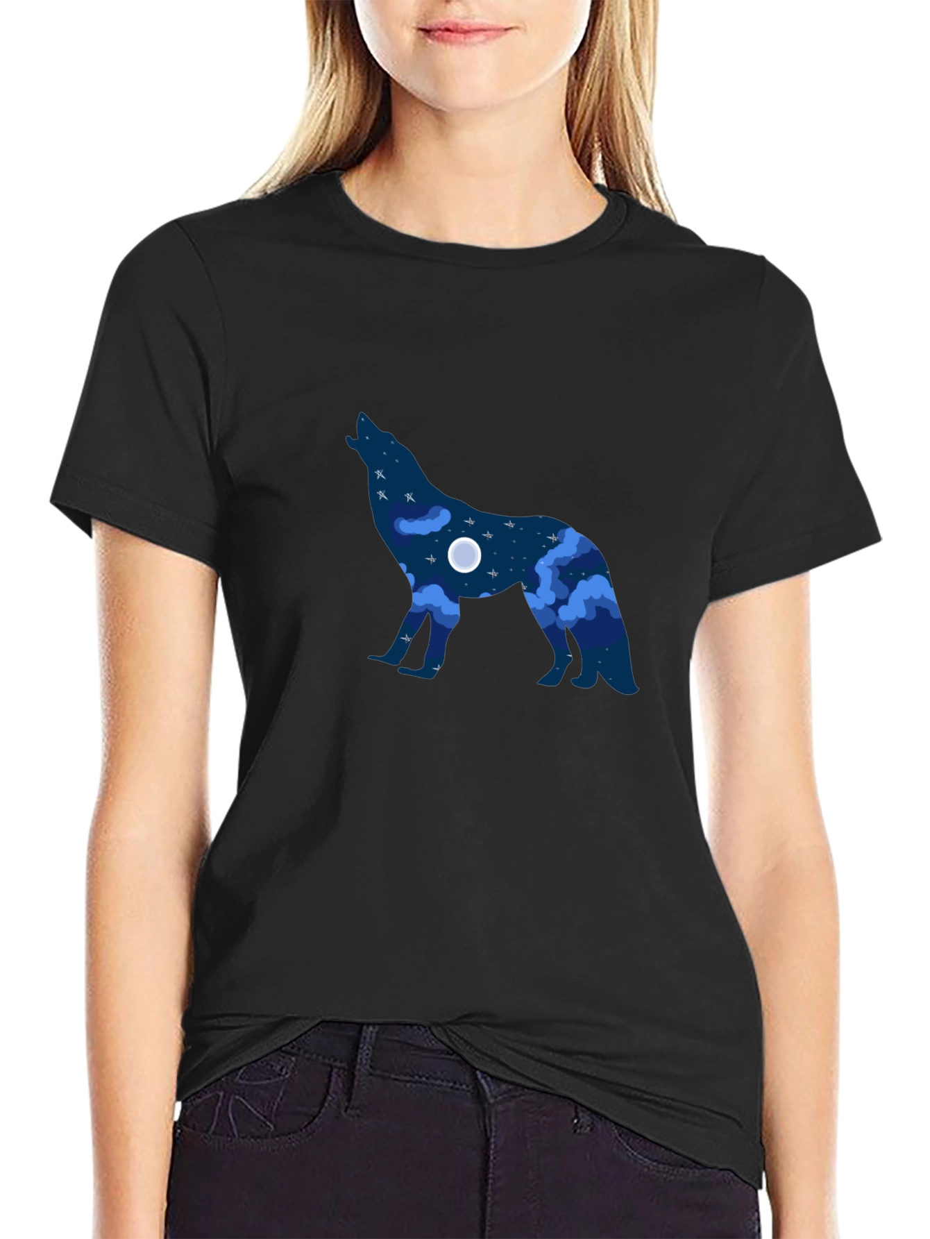 Howling Wolf Night Sky Graphic Tee - Black