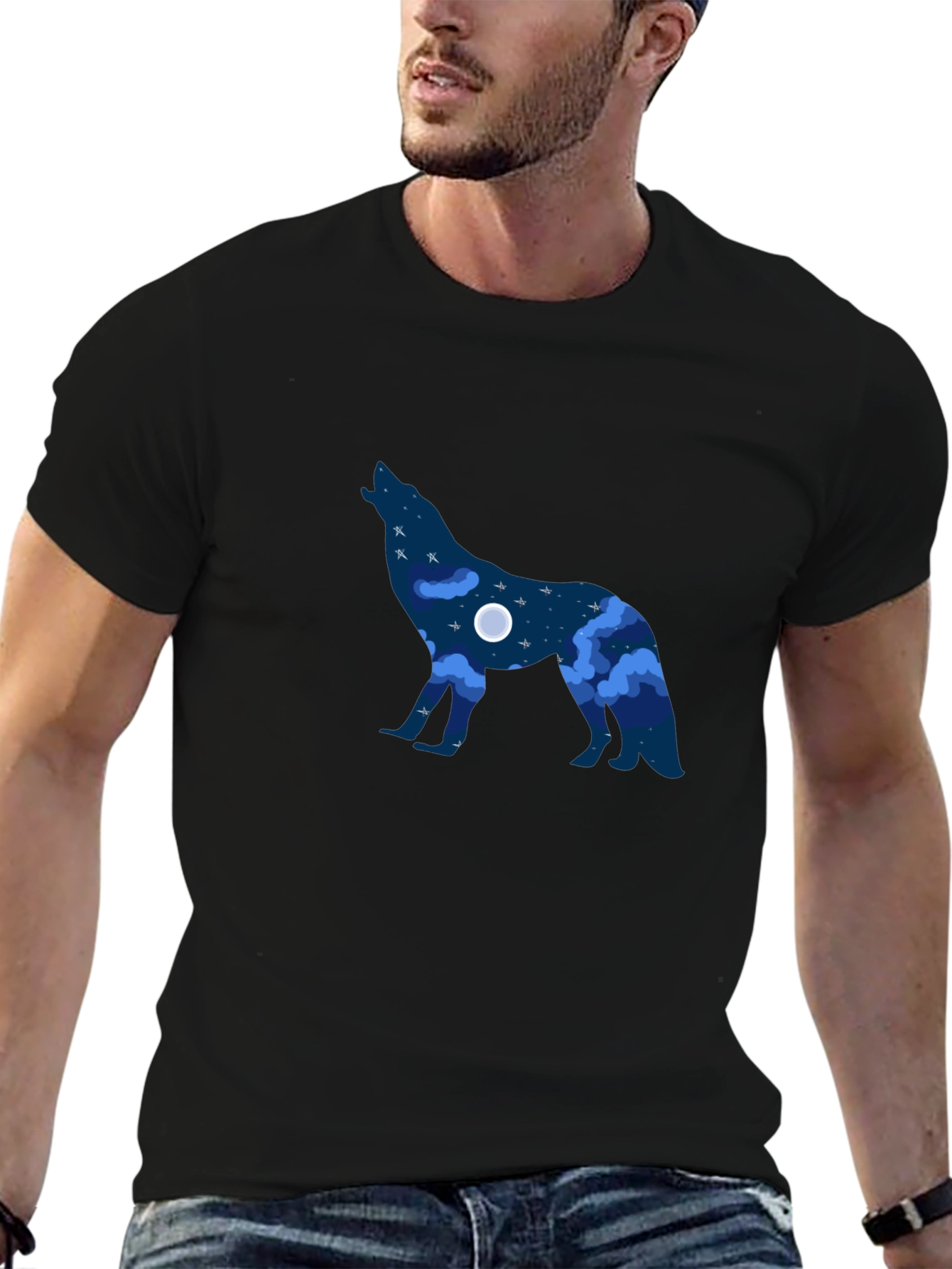 Howling Wolf Night Sky Graphic Tee - Black