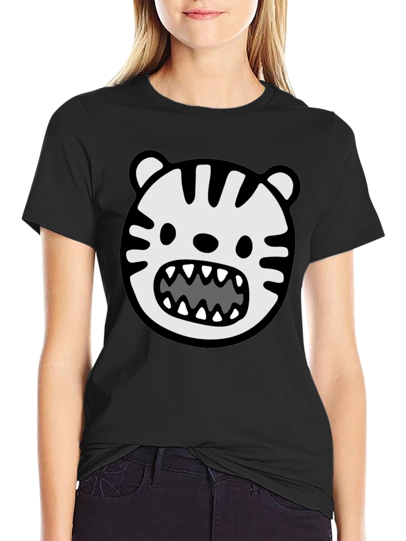 Cartoon Tiger Graphic T-Shirt - Bold Black Tee