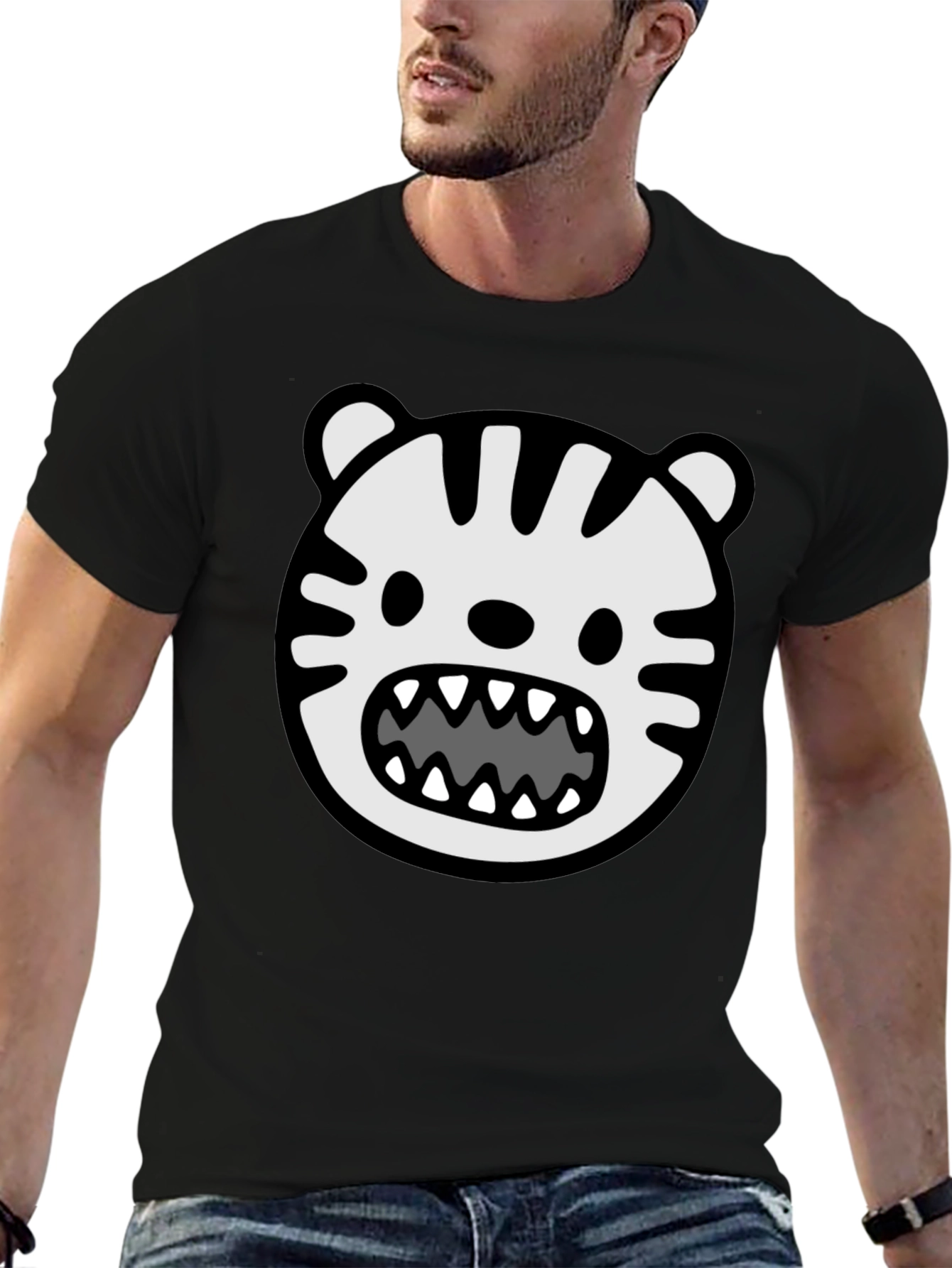 Cartoon Tiger Graphic T-Shirt - Bold Black Tee