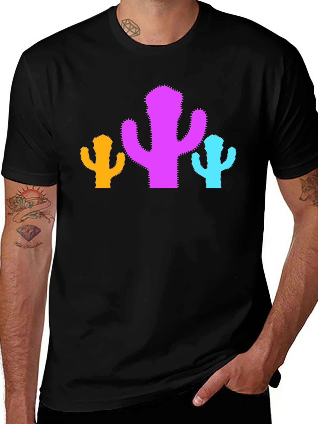 Cactus Trio Graphic Tee - Black Cotton Casual Shirt