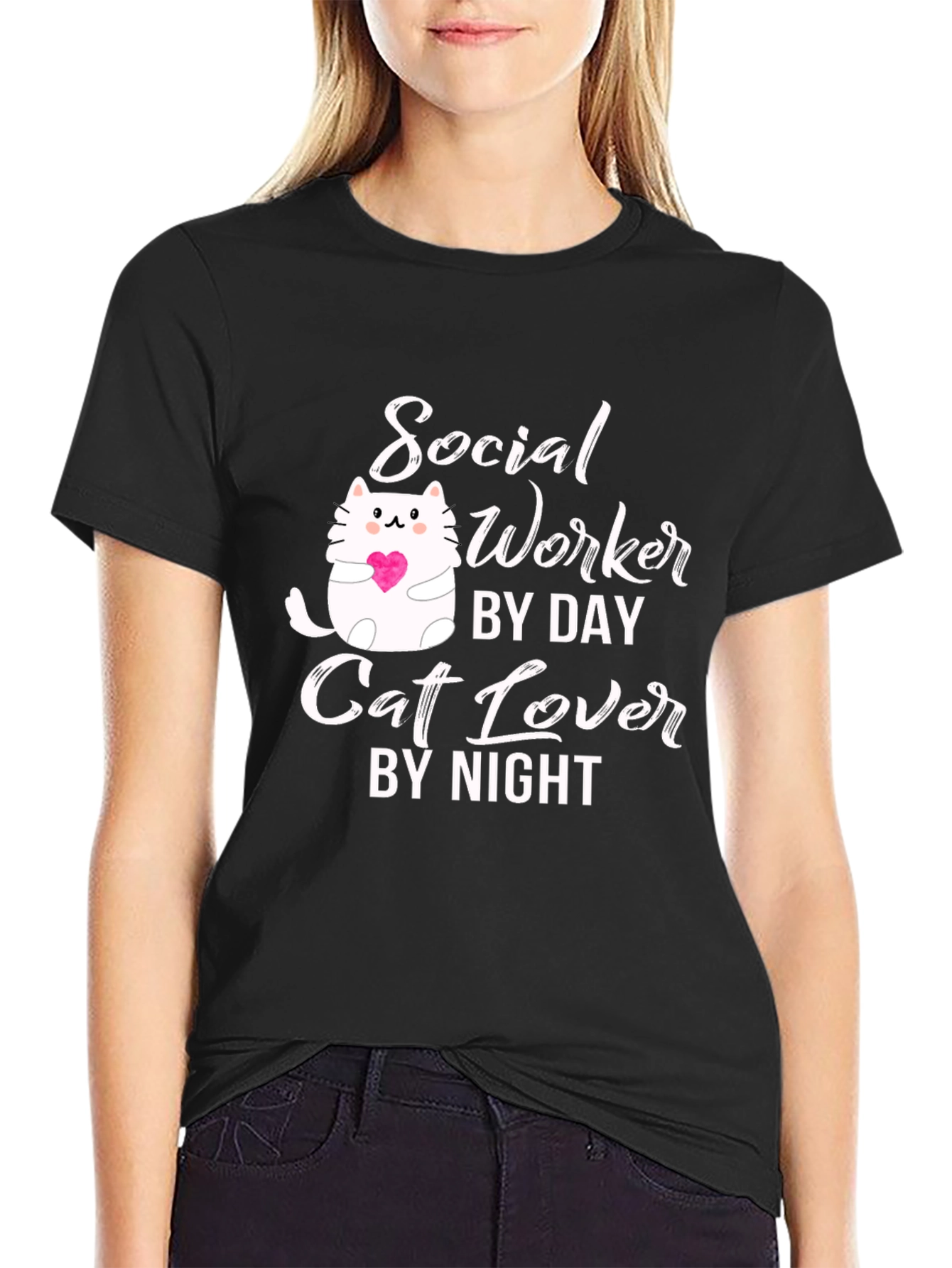 Social Worker Cat Lover Black Graphic T-Shirt
