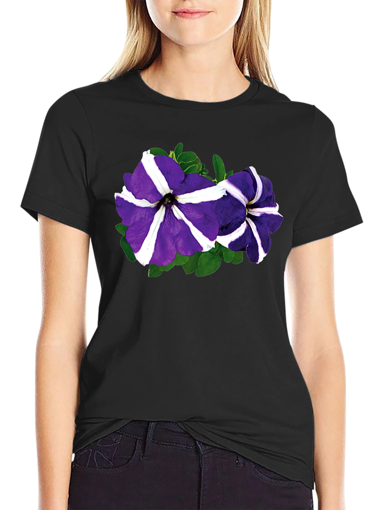 Floral Petunia T-Shirt - Black Cotton Blend