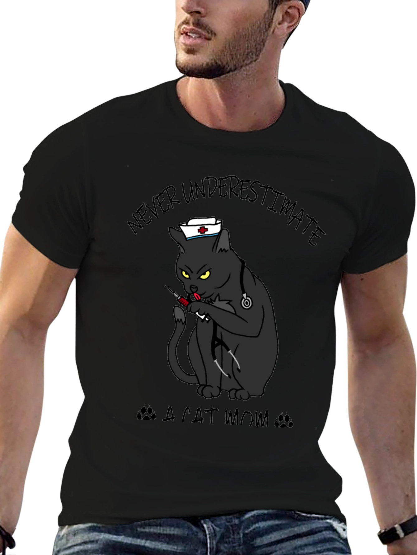 Never Underestimate A Cat Mom Black T-Shirt