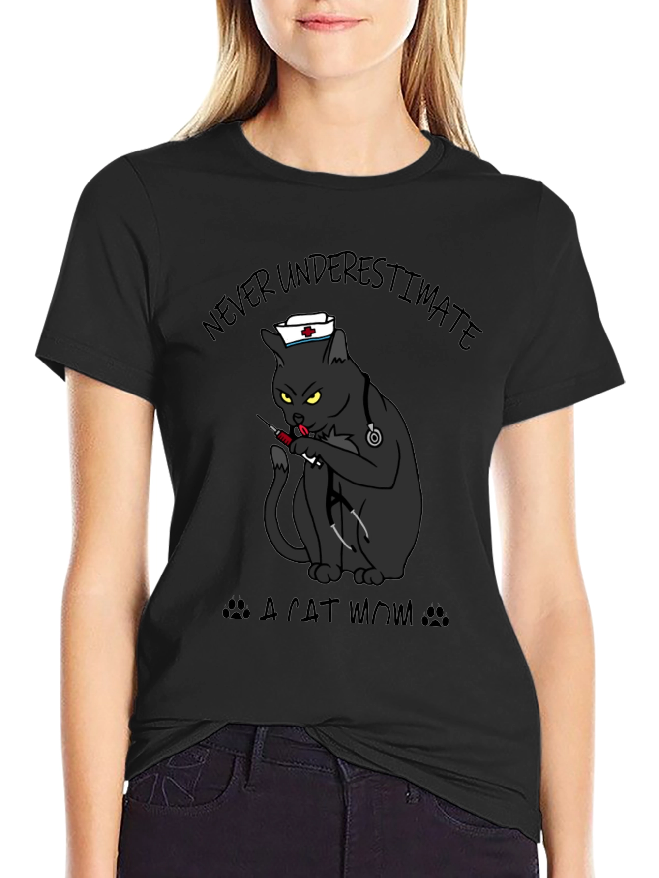 Never Underestimate A Cat Mom Black T-Shirt