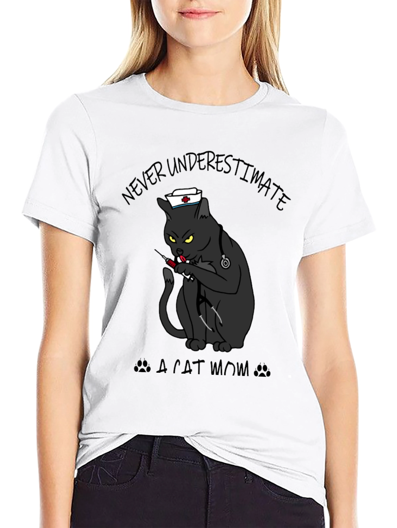 Never Underestimate A Cat Mom Black T-Shirt