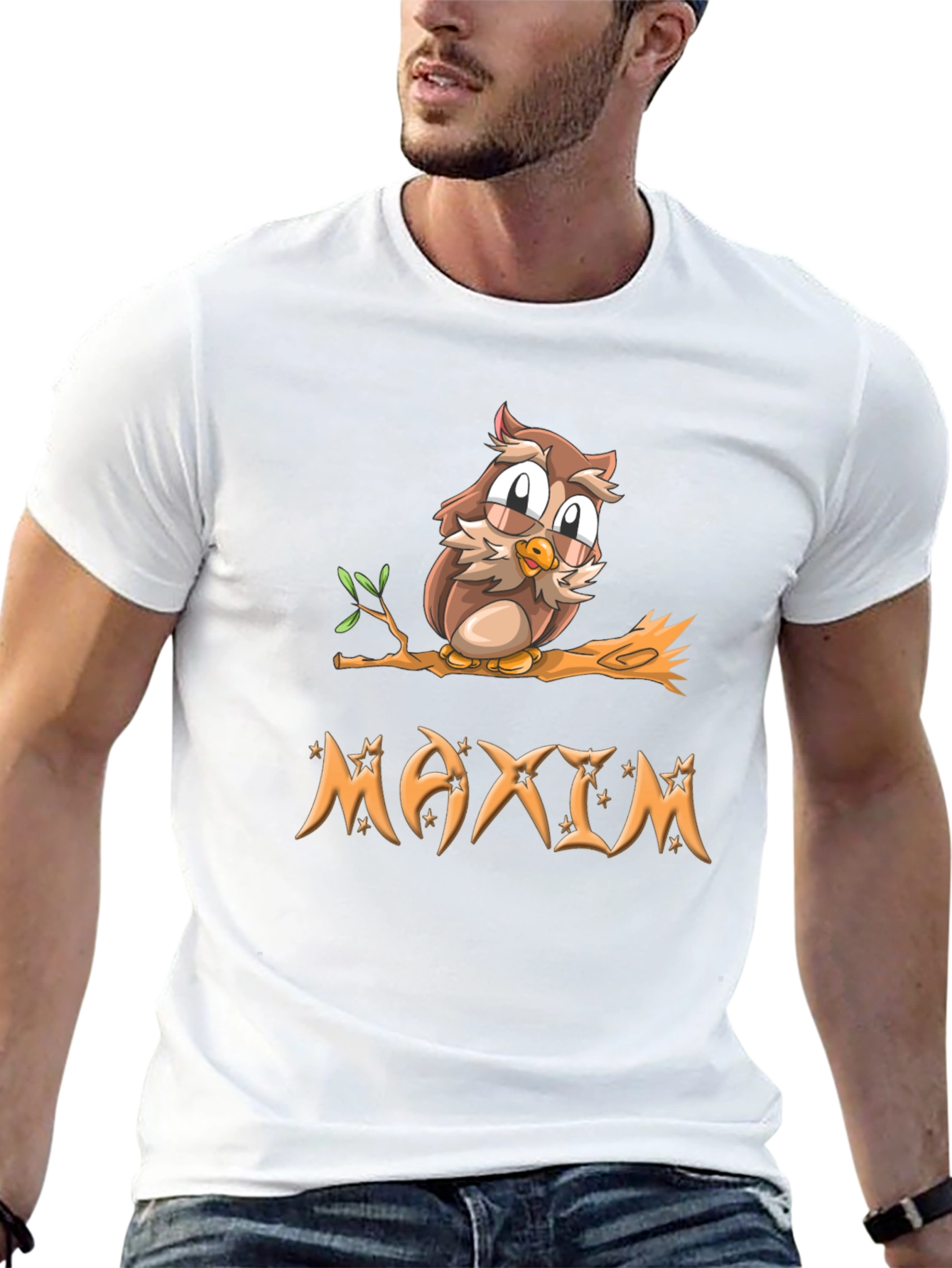 Owl on Branch Maxim Personalized Black T-Shirt