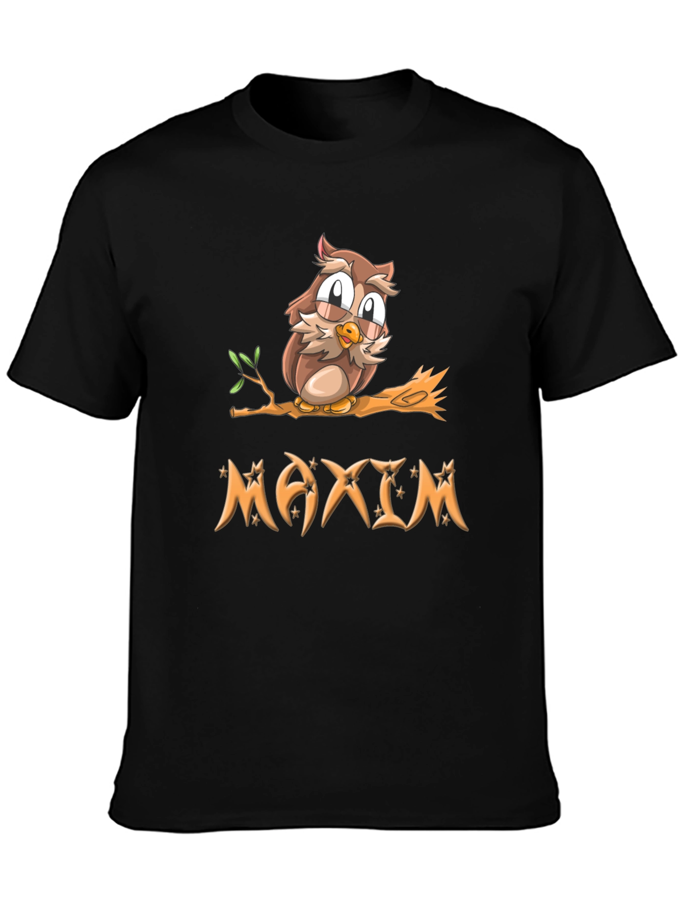 Owl on Branch Maxim Personalized Black T-Shirt