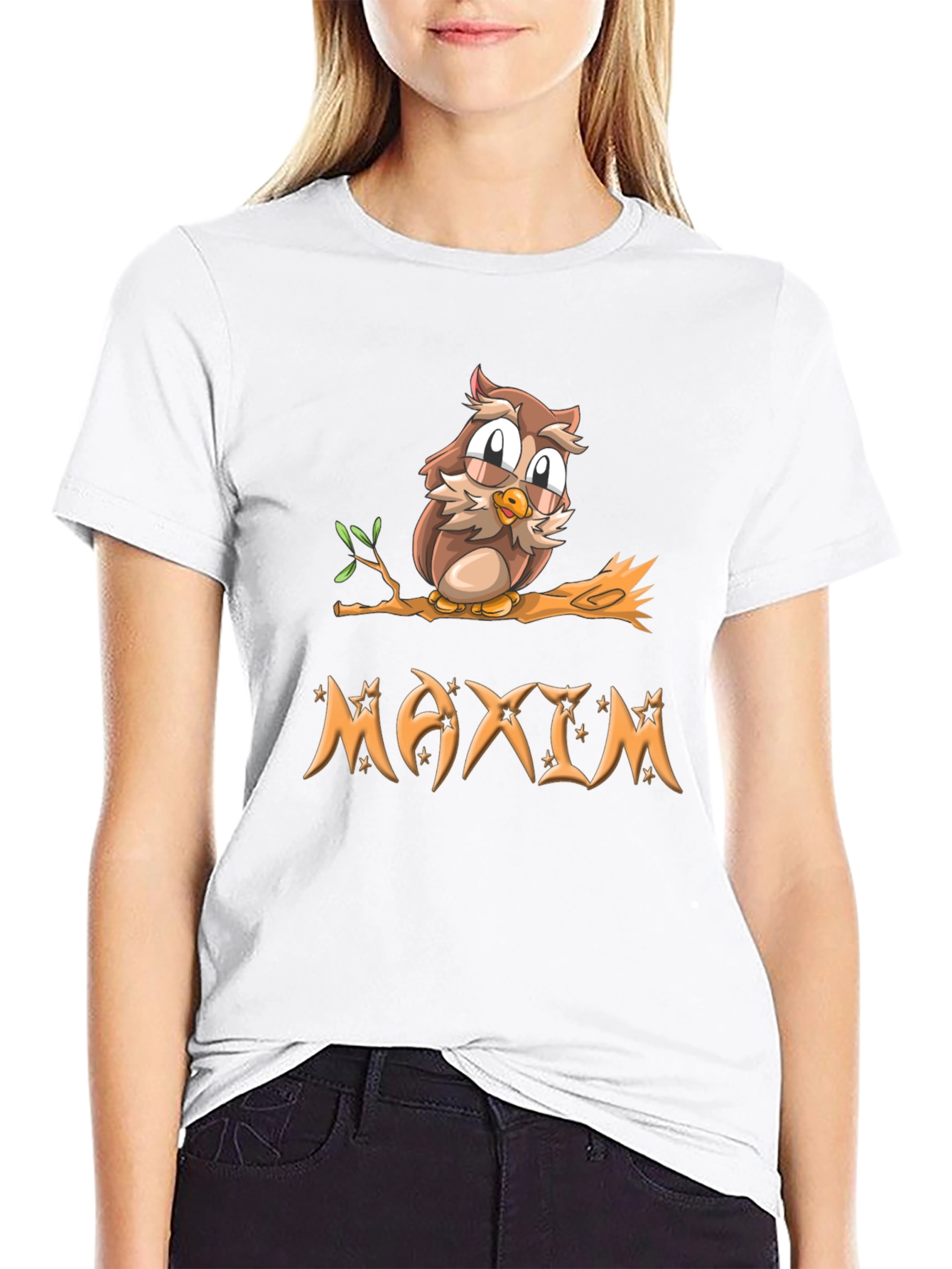 Owl on Branch Maxim Personalized Black T-Shirt