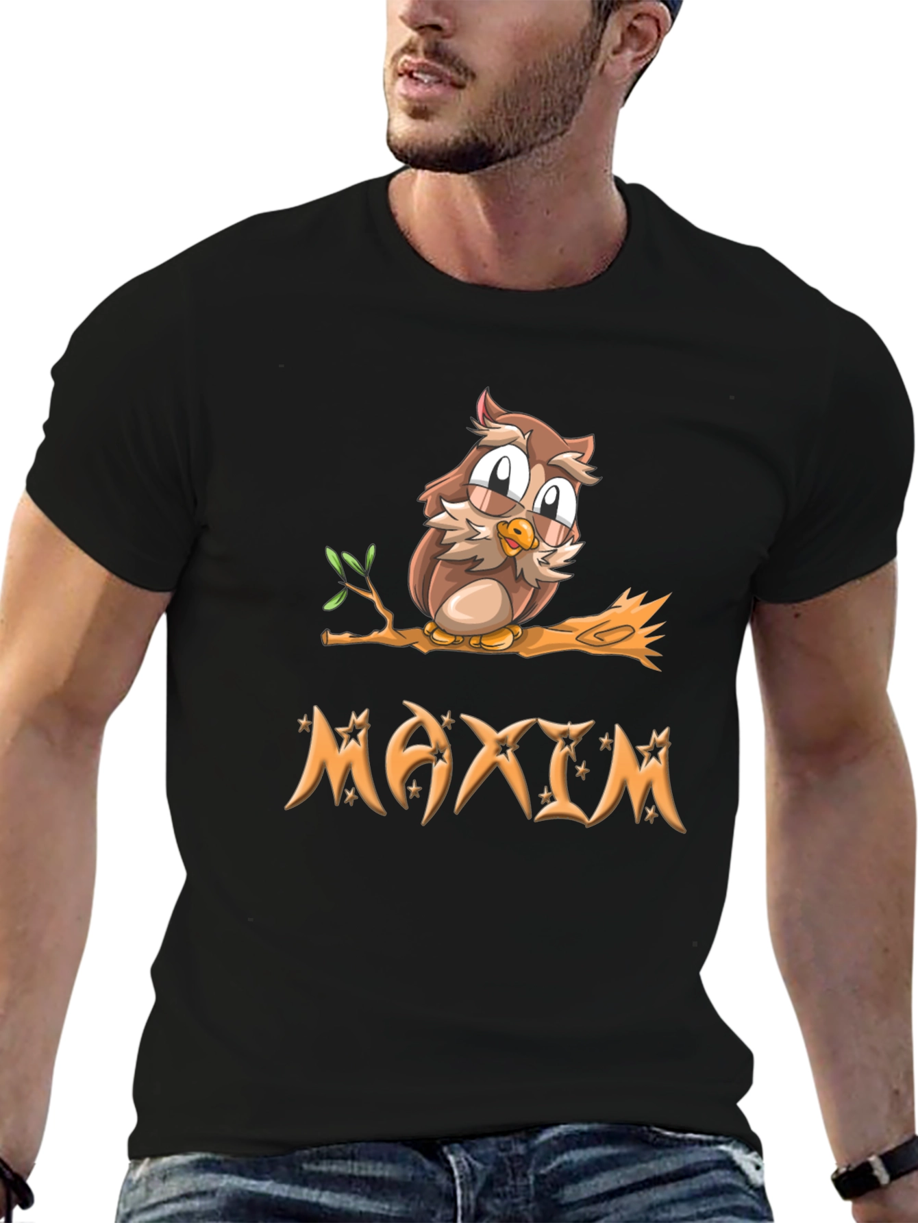 Owl on Branch Maxim Personalized Black T-Shirt