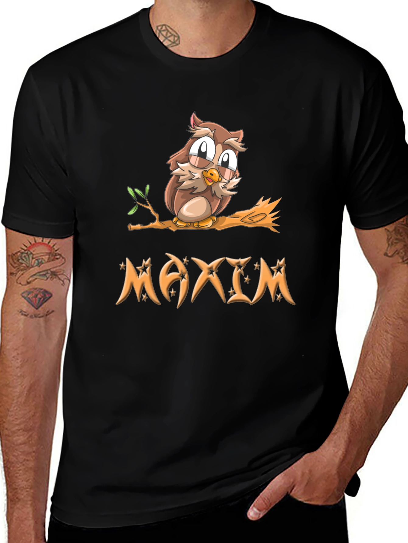 Owl on Branch Maxim Personalized Black T-Shirt