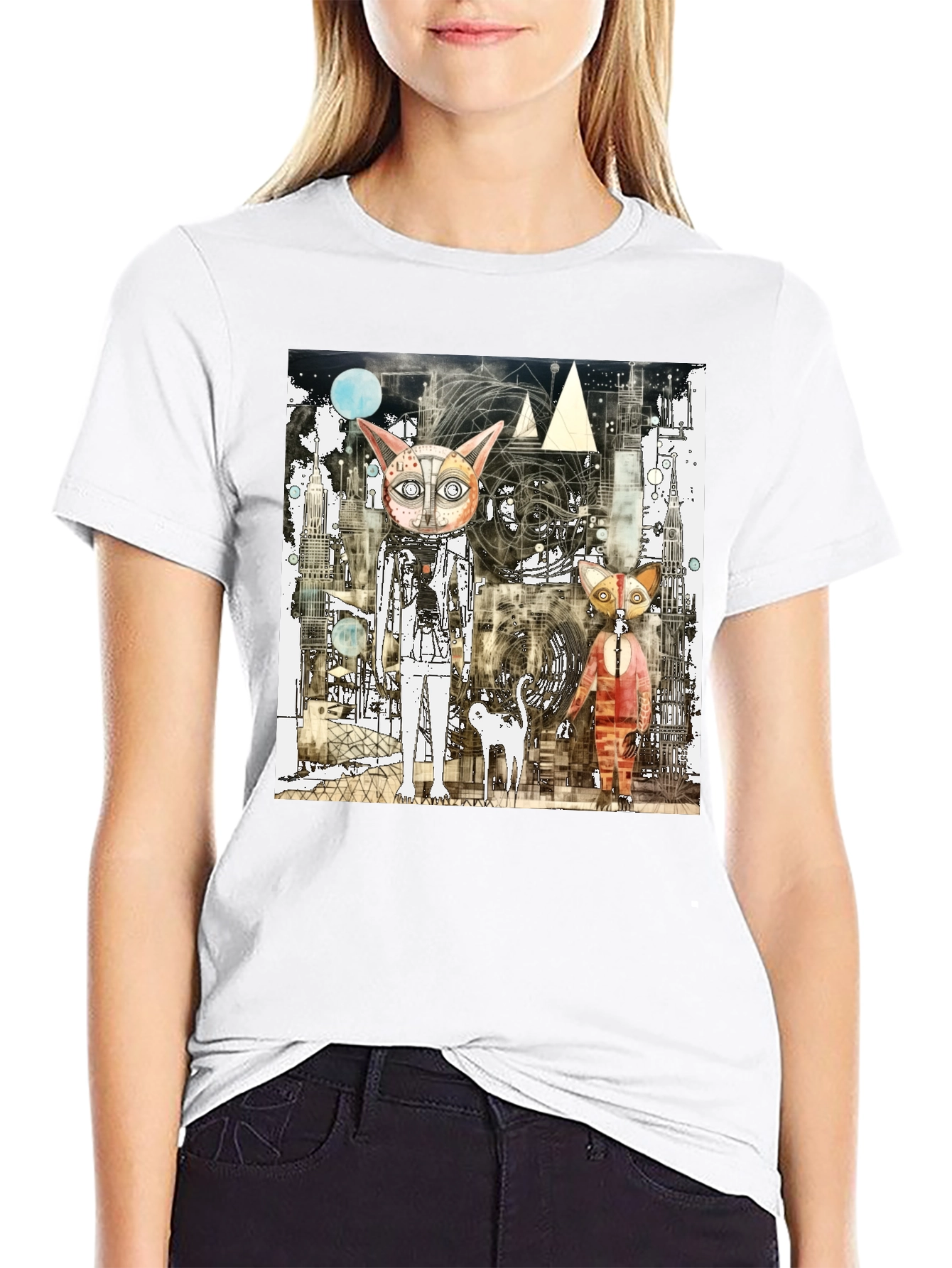 Abstract Cat Graphic Print Black T-Shirt