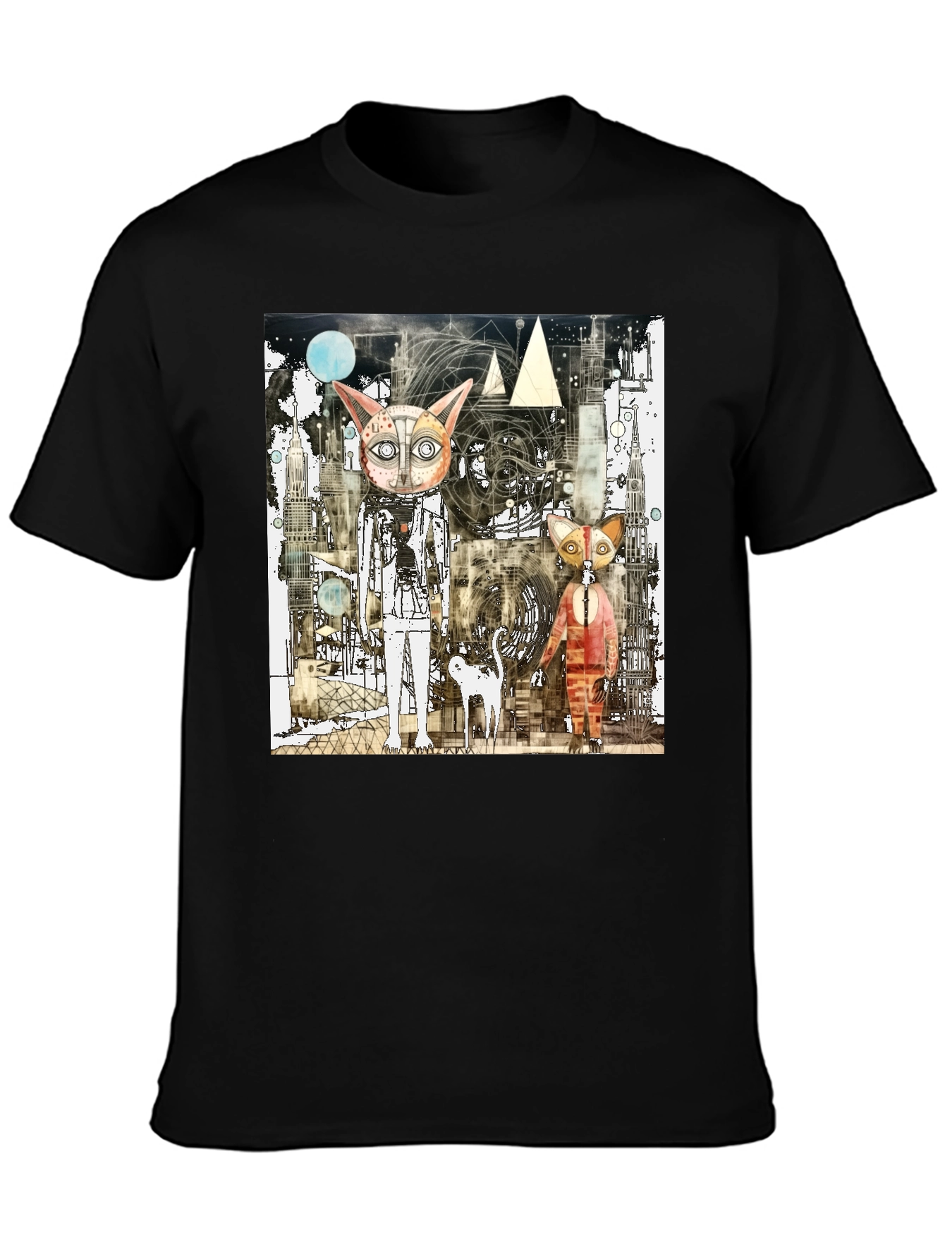 Abstract Cat Graphic Print Black T-Shirt