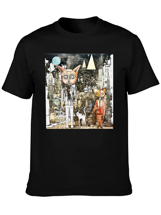 Abstract Cat Graphic Print Black T-Shirt