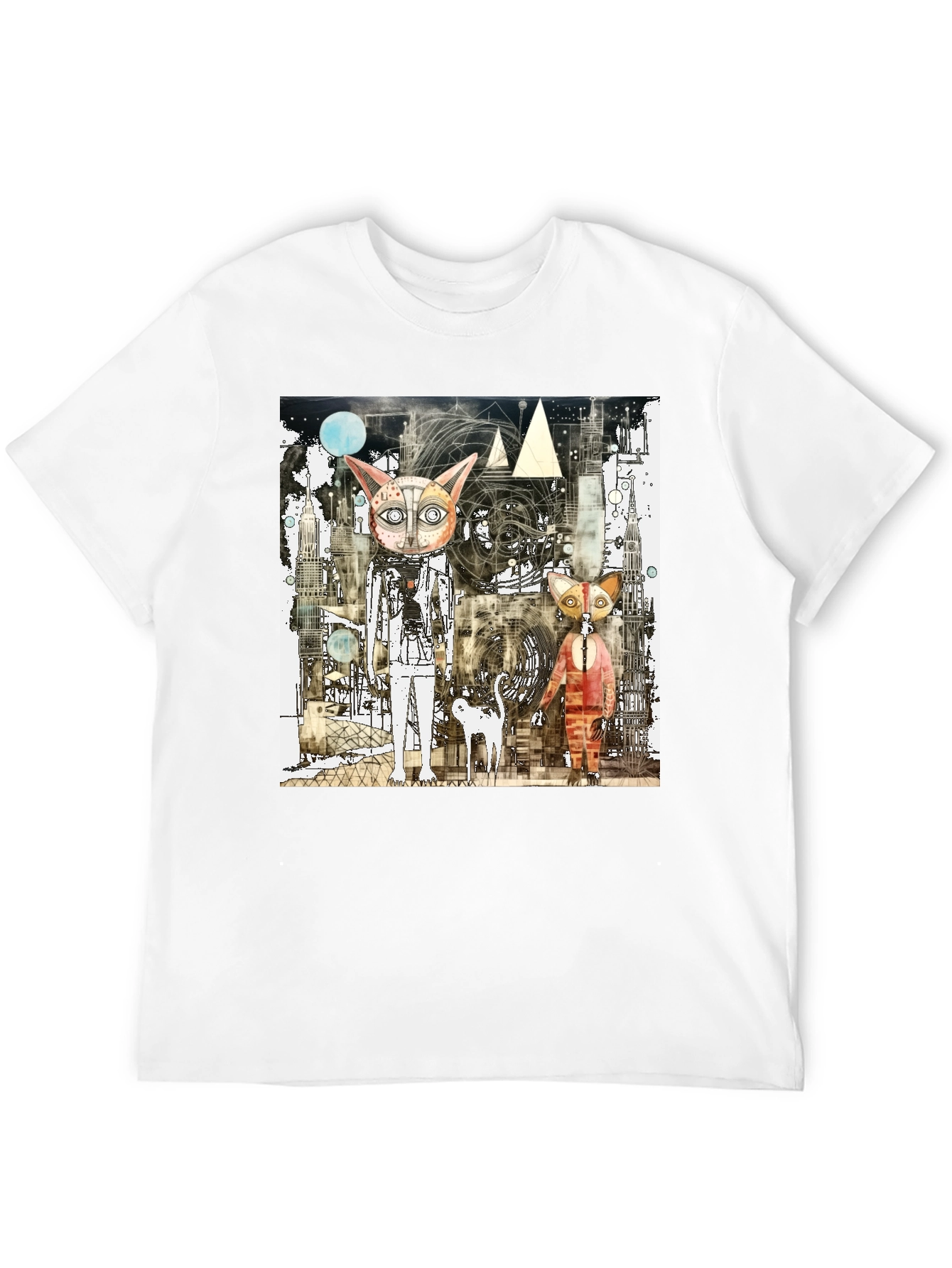 Abstract Cat Graphic Print Black T-Shirt