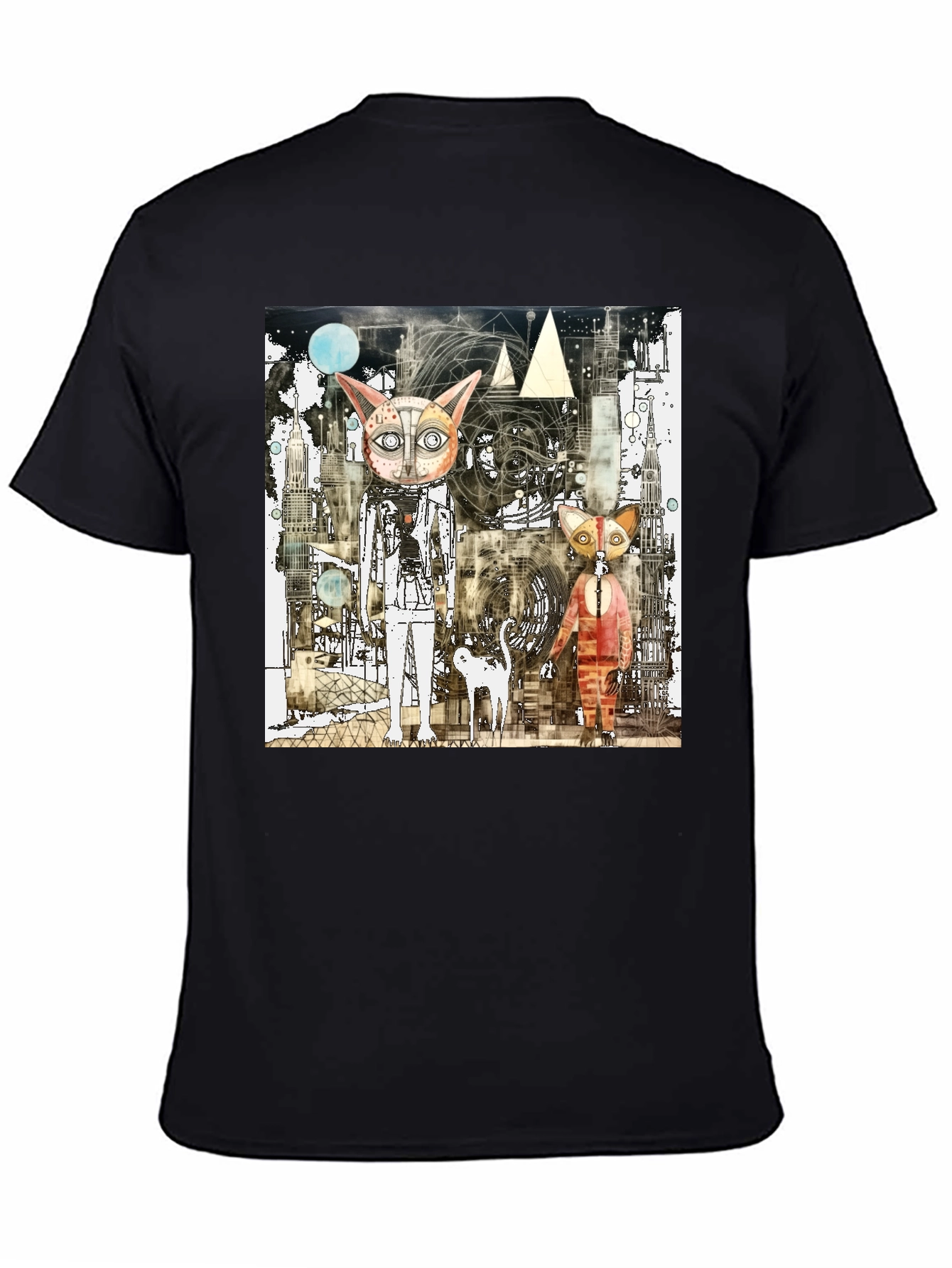 Abstract Cat Graphic Print Black T-Shirt