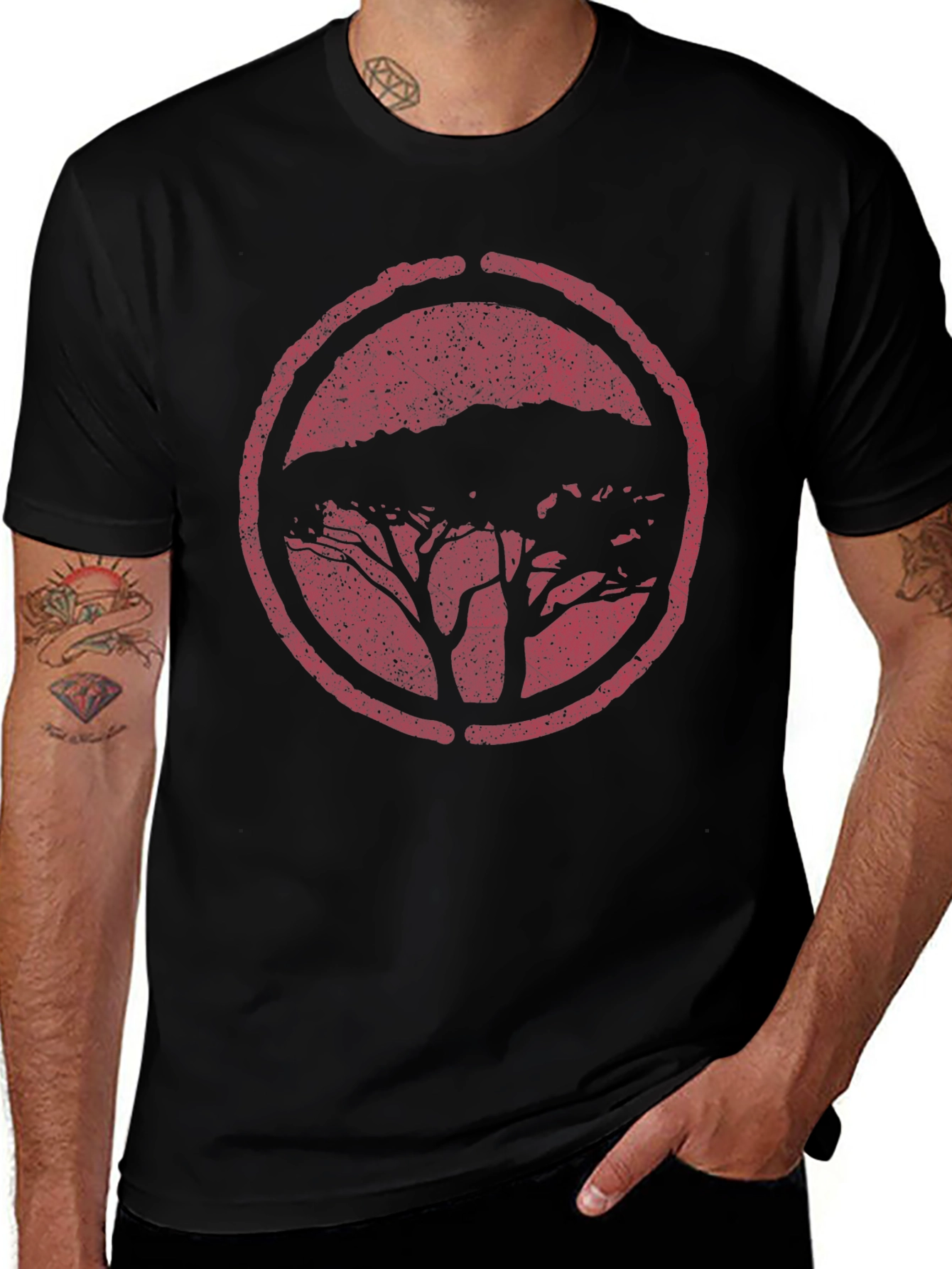 Black T-Shirt with Distressed Tree Circle Graphic