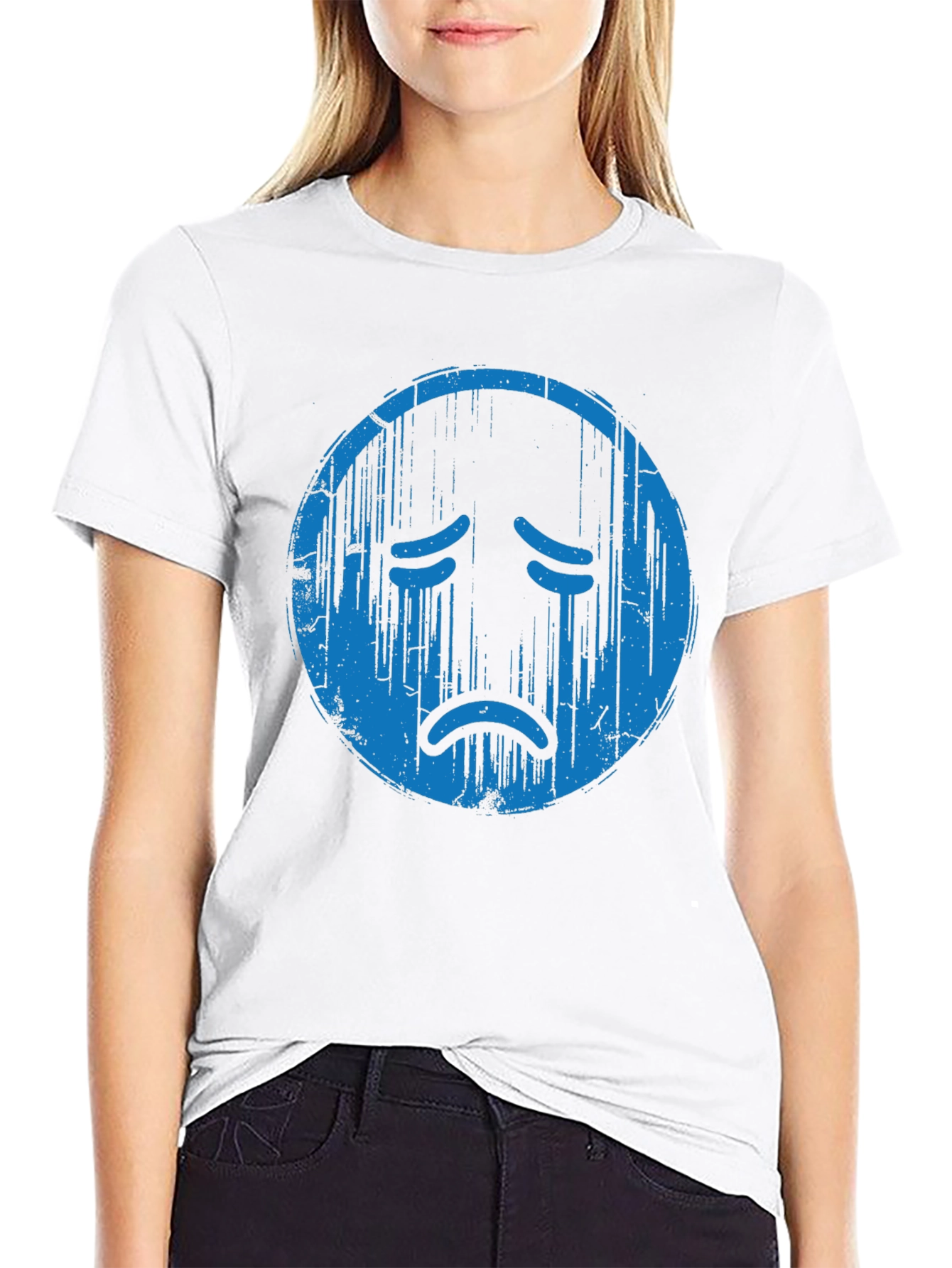 Distressed Sad Face Graphic Tee - Soft Cotton Blend