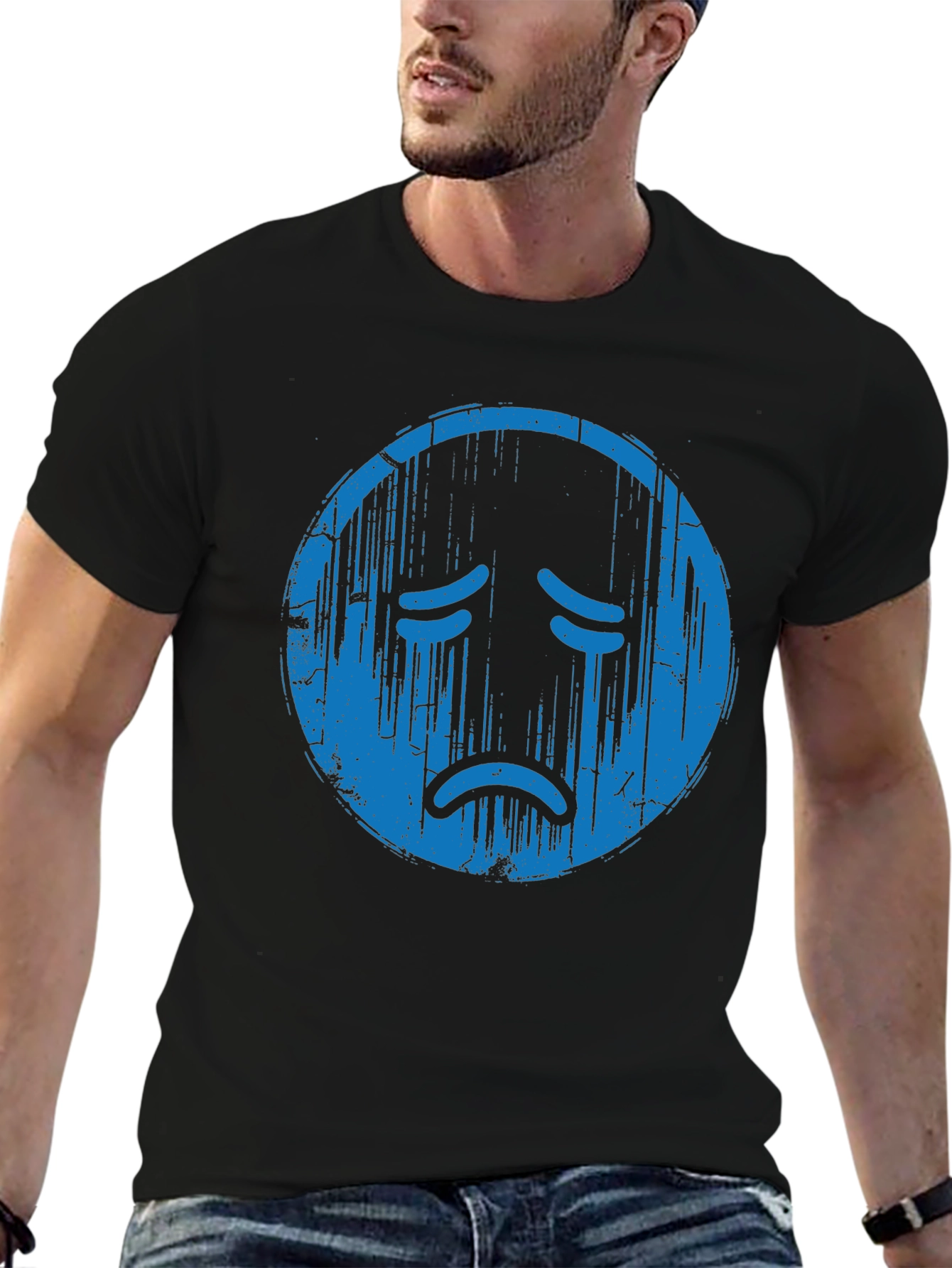 Distressed Sad Face Graphic Tee - Soft Cotton Blend
