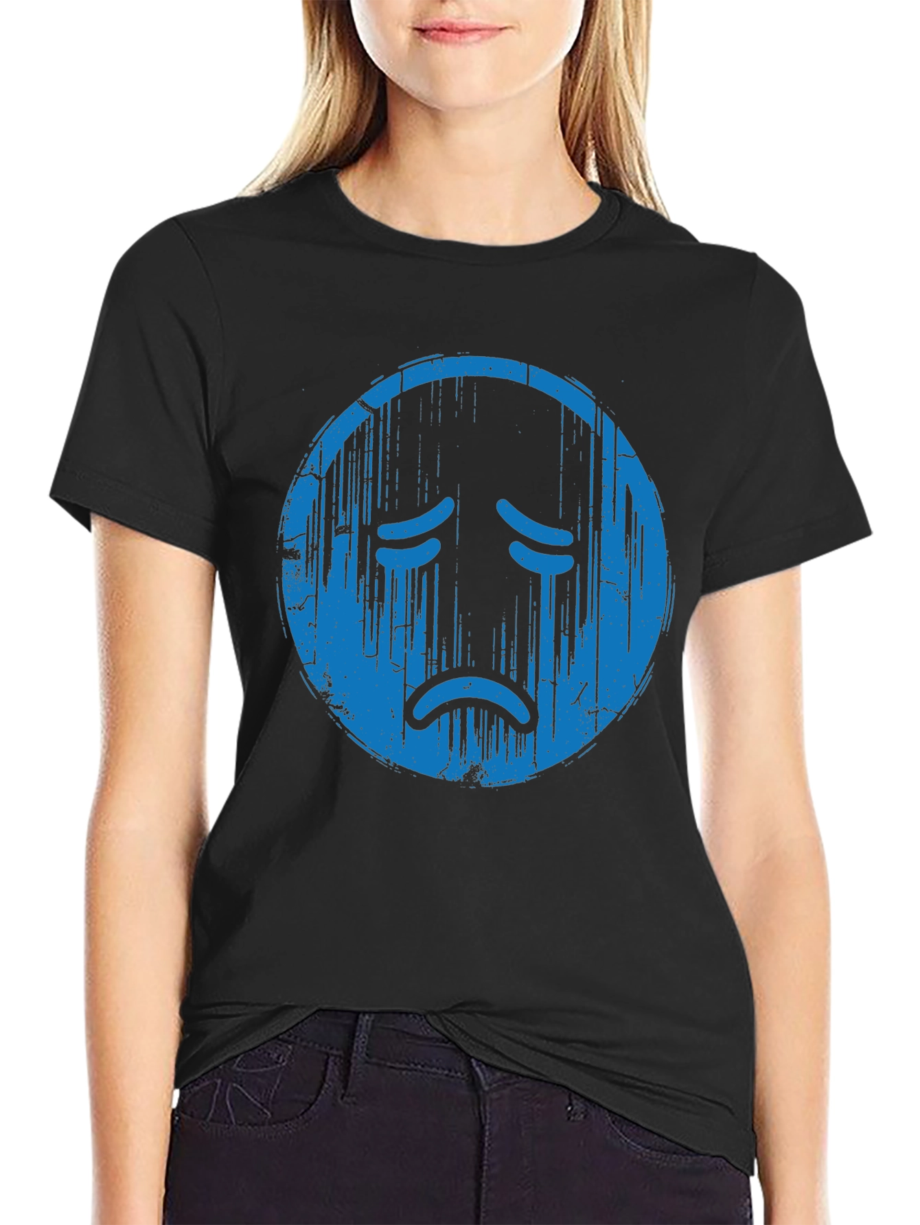 Distressed Sad Face Graphic Tee - Soft Cotton Blend