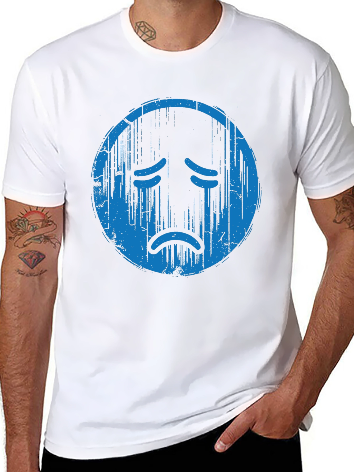 Distressed Sad Face Graphic Tee - Soft Cotton Blend