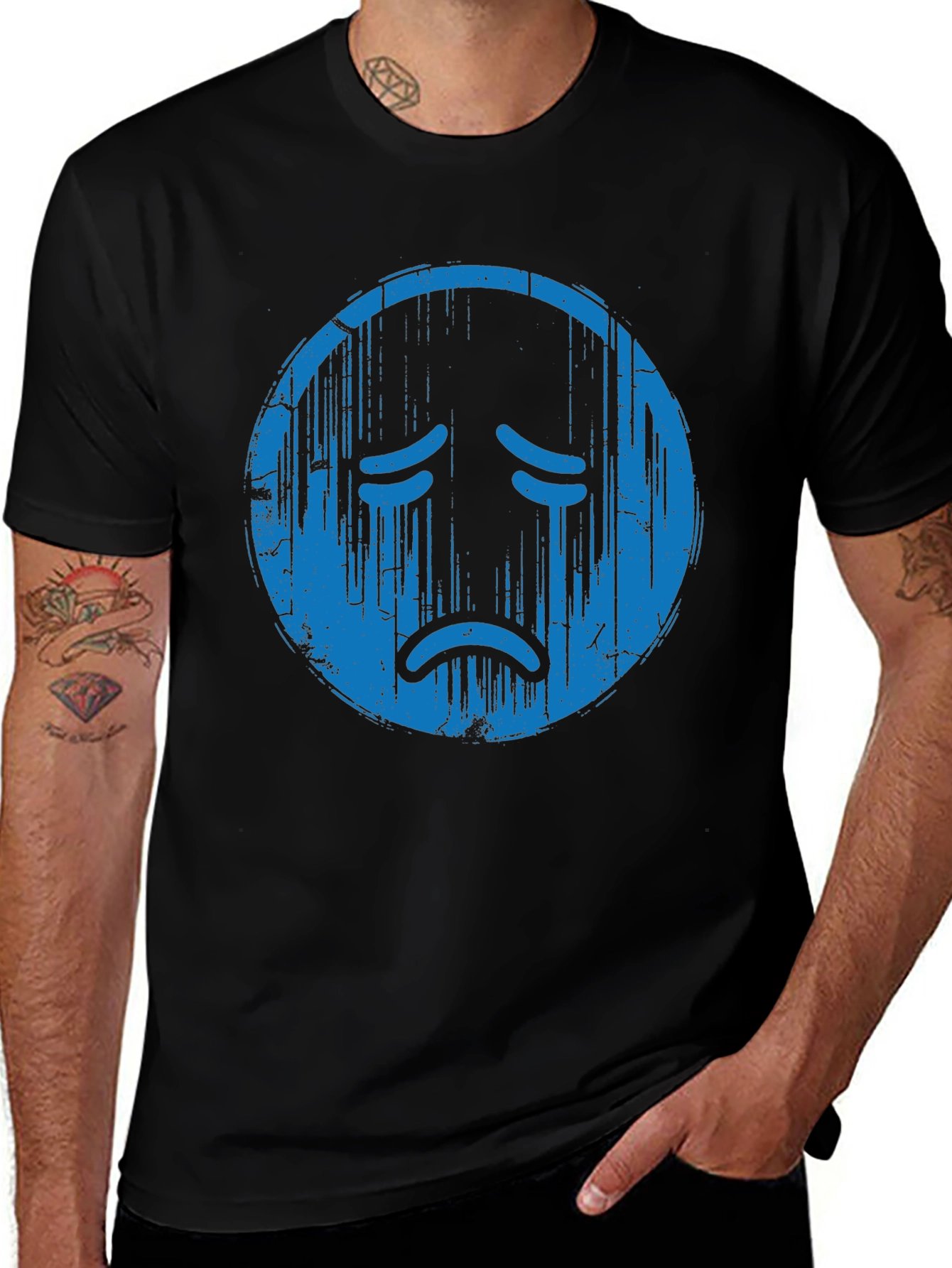 Distressed Sad Face Graphic Tee - Soft Cotton Blend