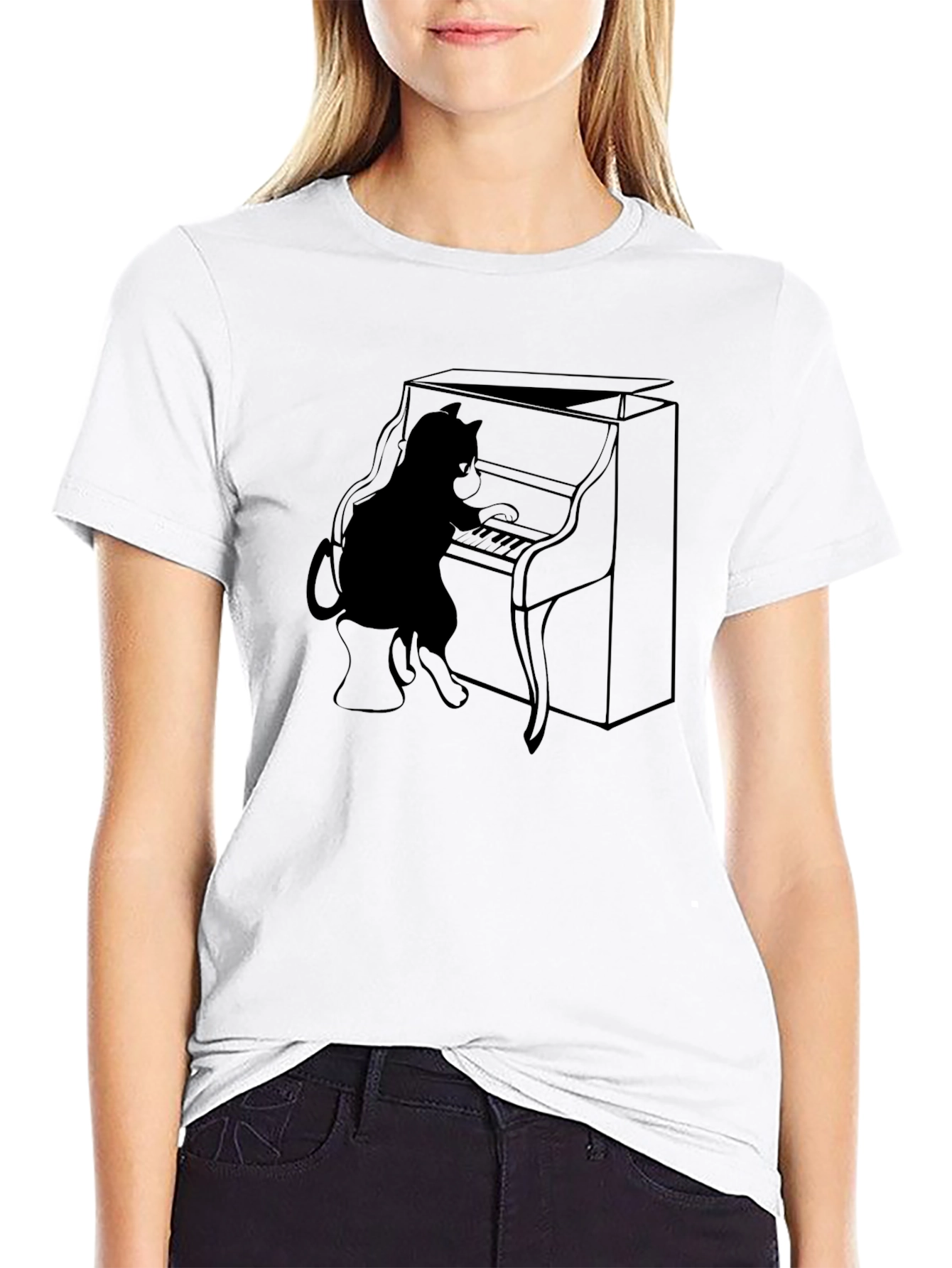 Cat Playing Piano Graphic Tee - Black T-Shirt