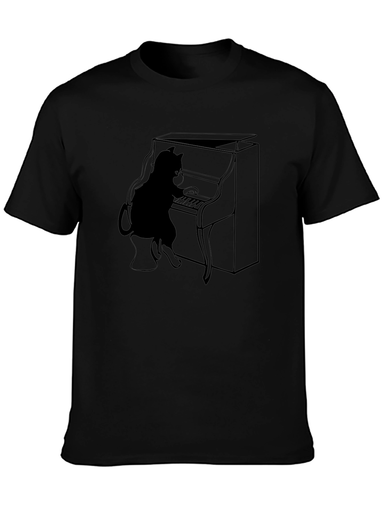 Cat Playing Piano Graphic Tee - Black T-Shirt