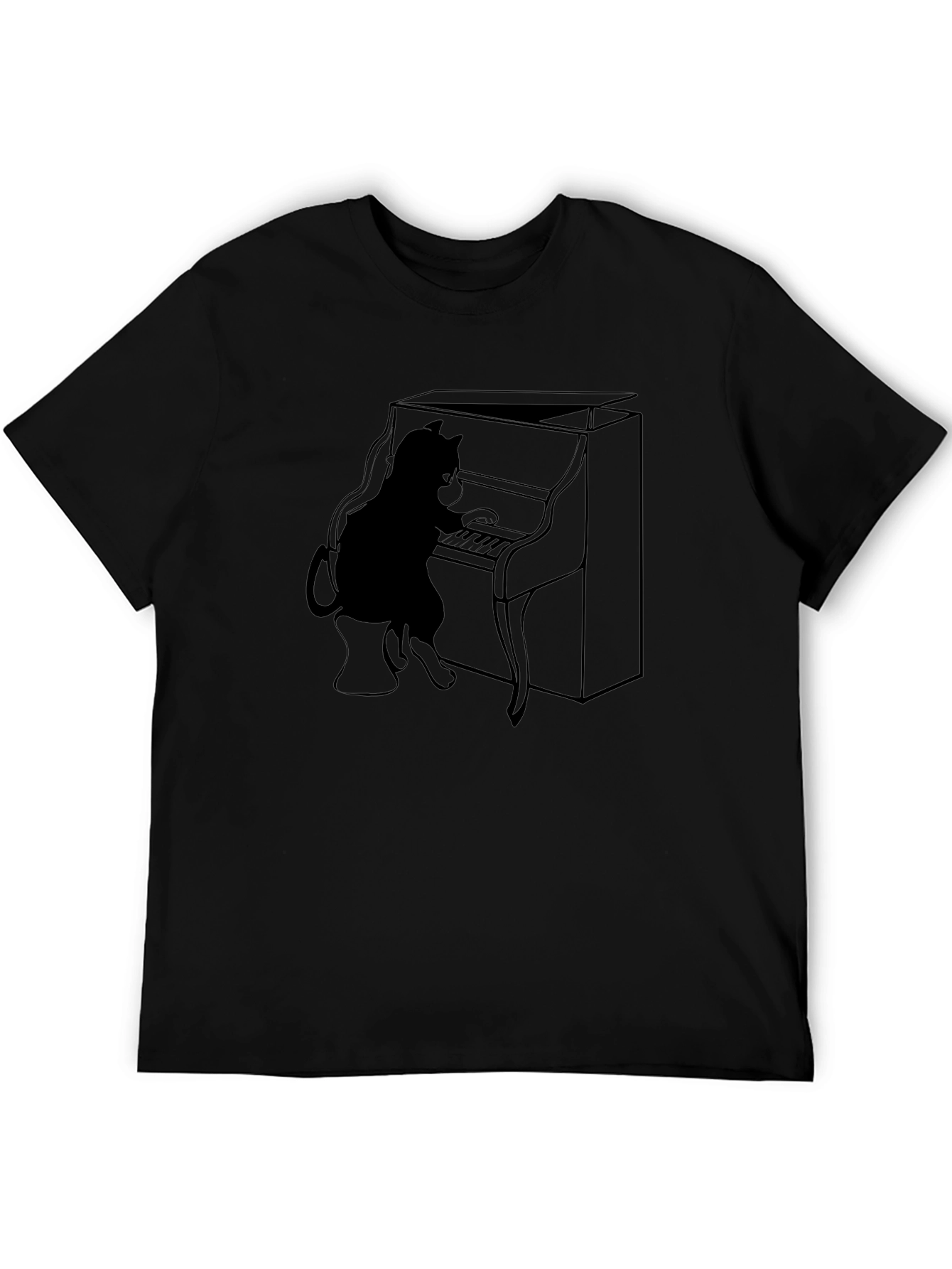Cat Playing Piano Graphic Tee - Black T-Shirt