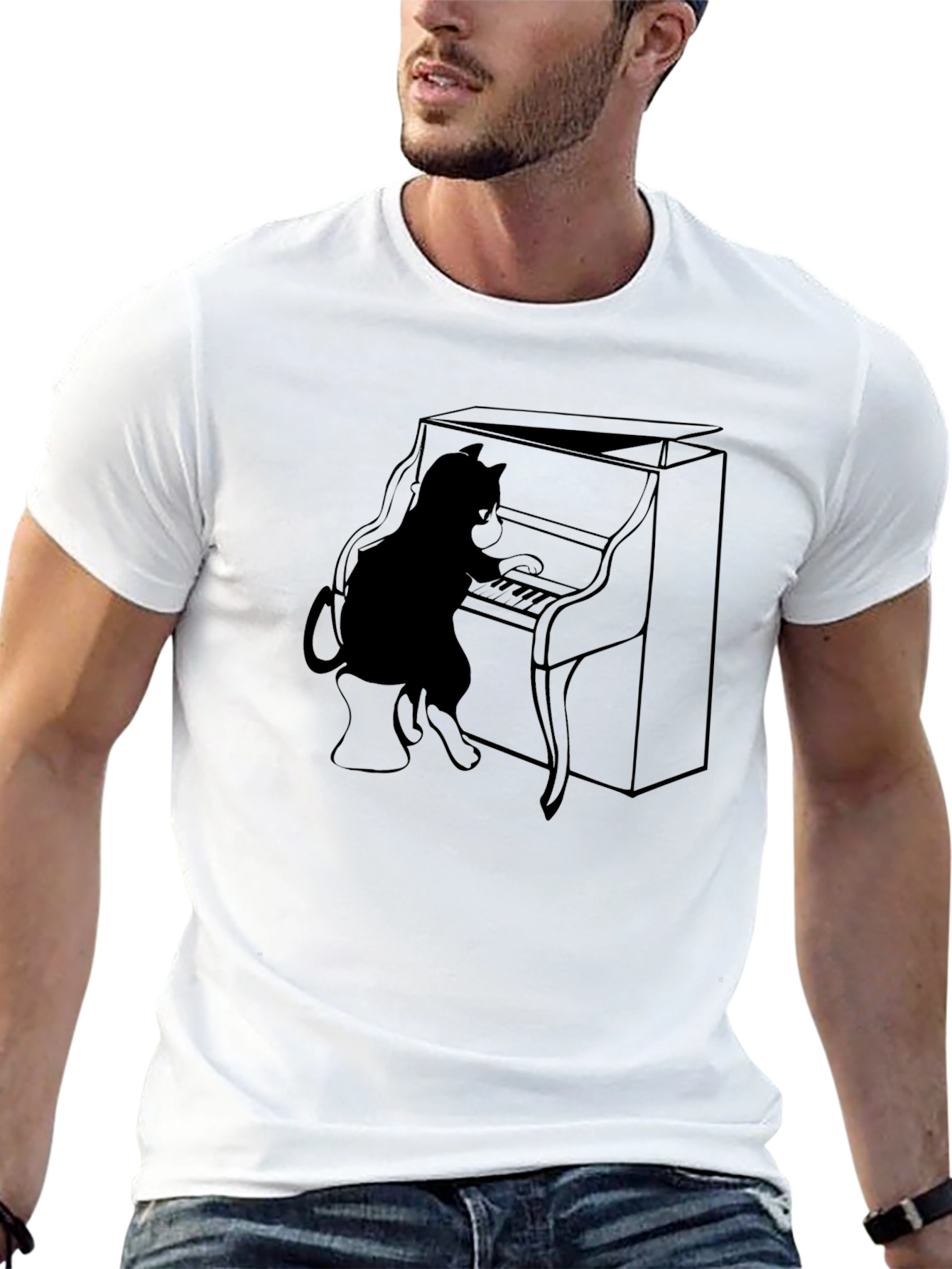 Cat Playing Piano Graphic Tee - Black T-Shirt