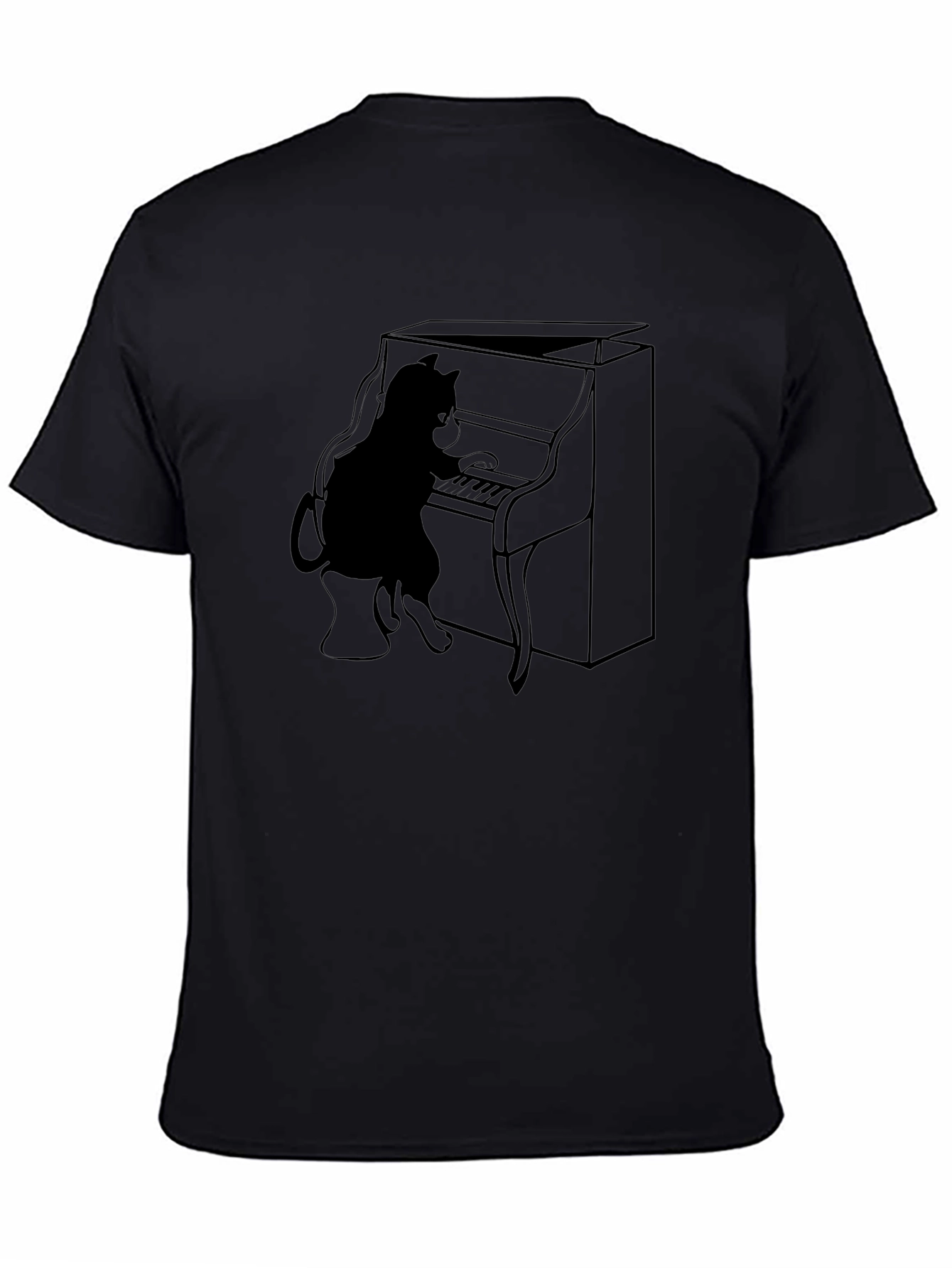 Cat Playing Piano Graphic Tee - Black T-Shirt
