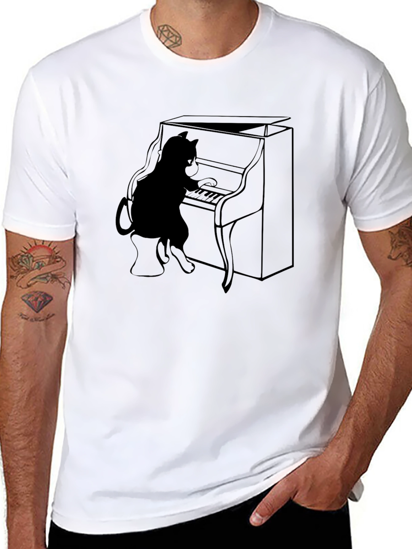 Cat Playing Piano Graphic Tee - Black T-Shirt