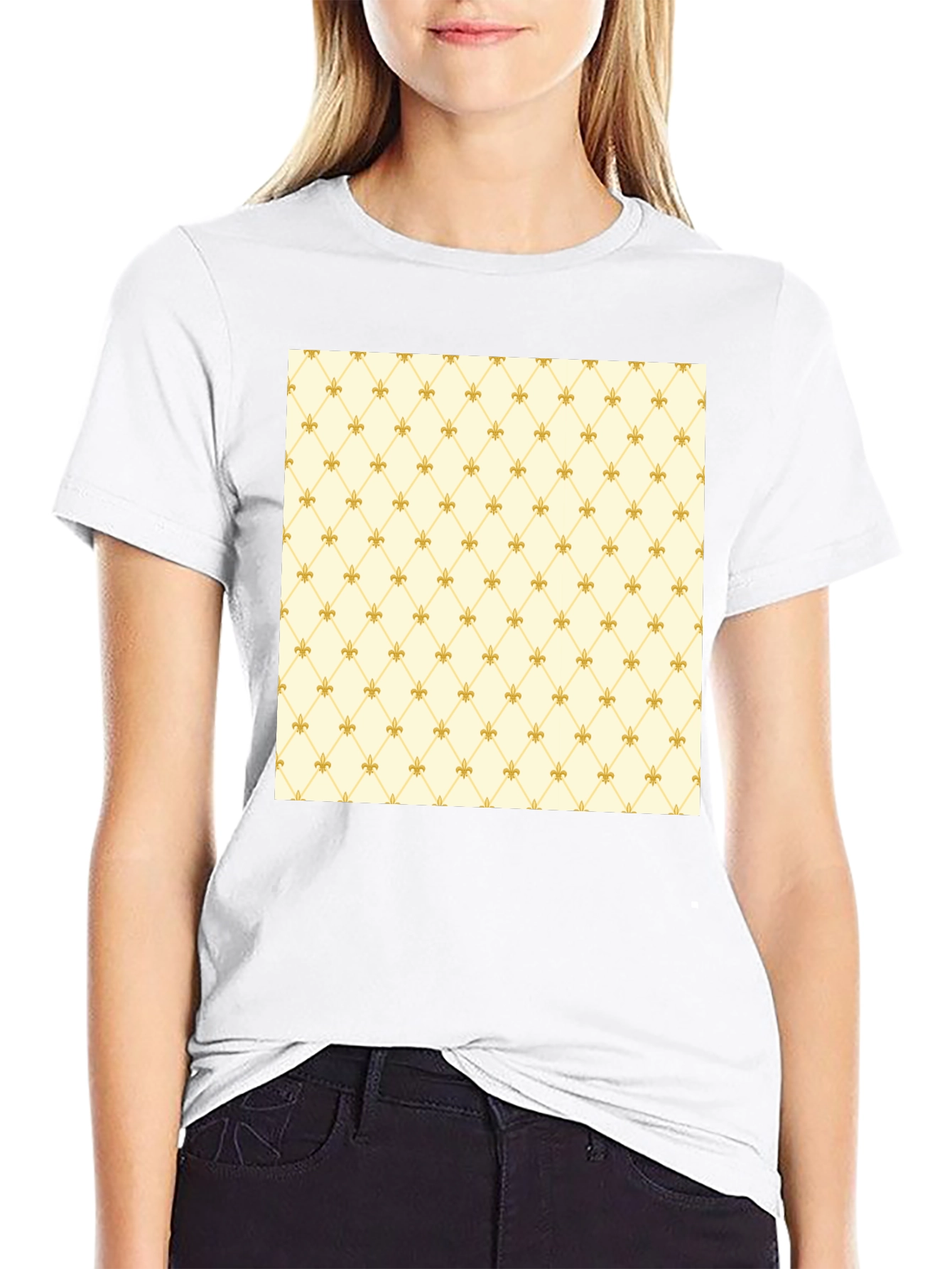 Fleur-de-Lis Pattern Black Crew Neck T-Shirt