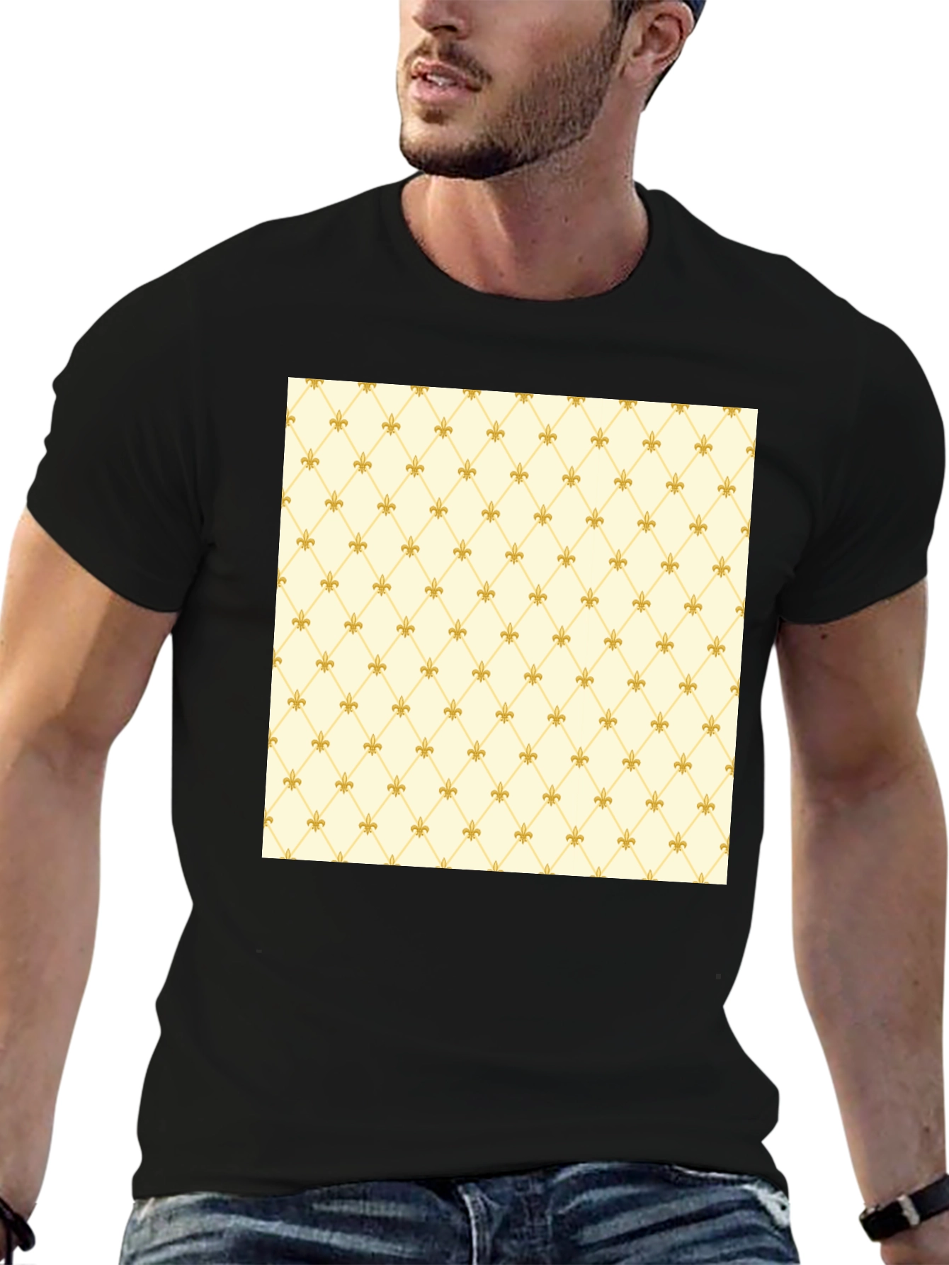Fleur-de-Lis Pattern Black Crew Neck T-Shirt