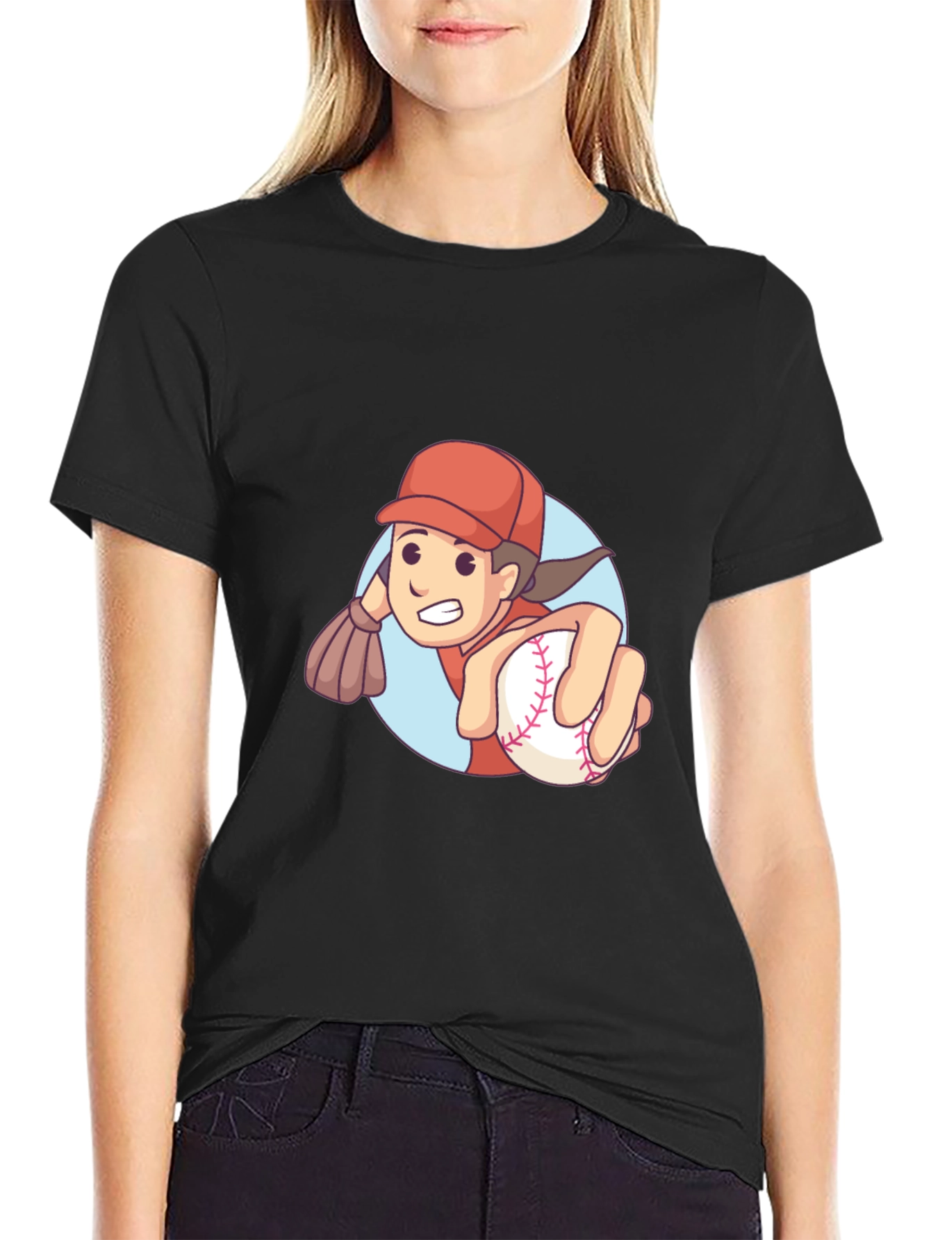 Cartoon Baseball Player Graphic T-Shirt