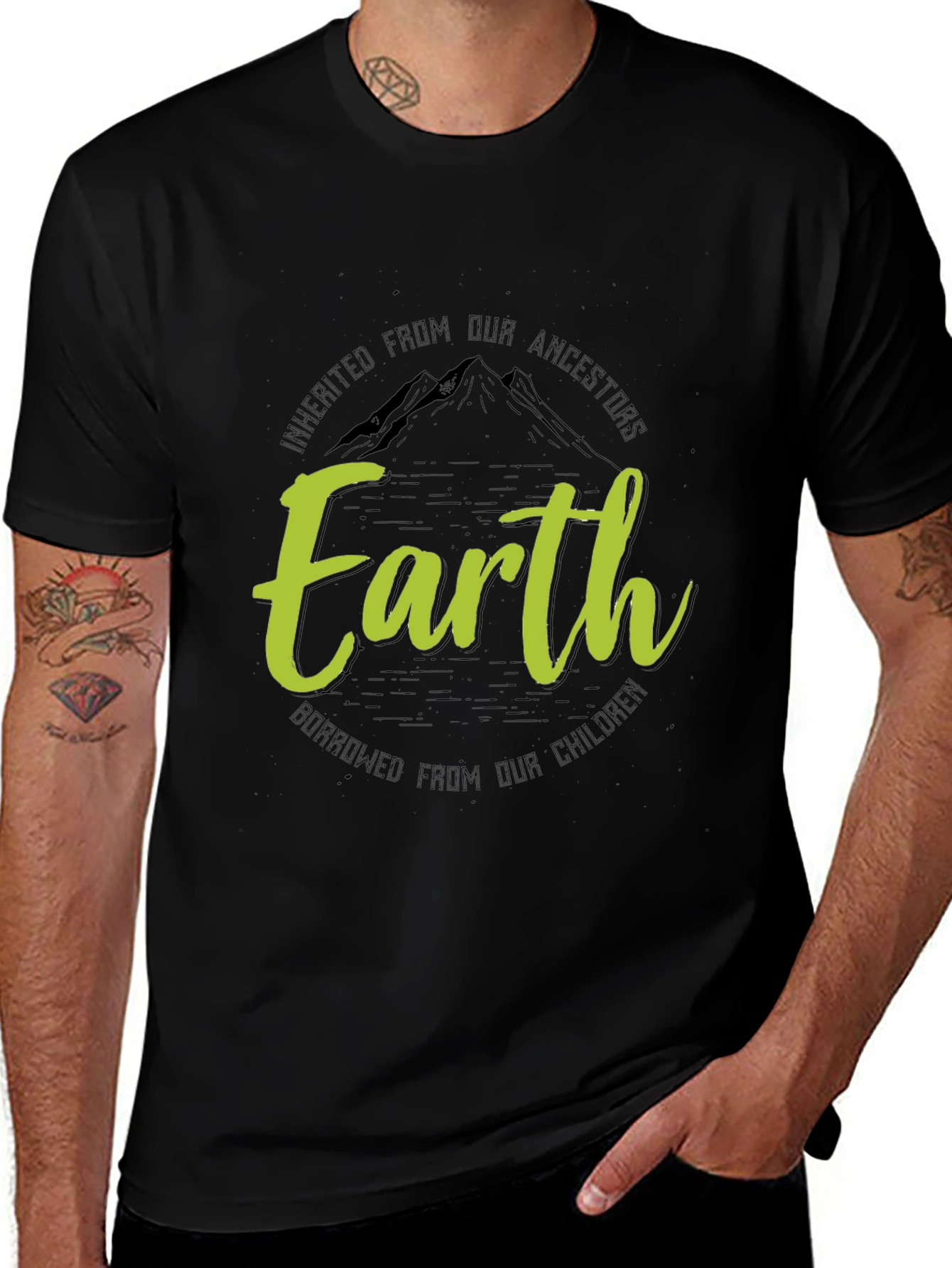 Earth Inherited Borrowed Mens Black Graphic Tee