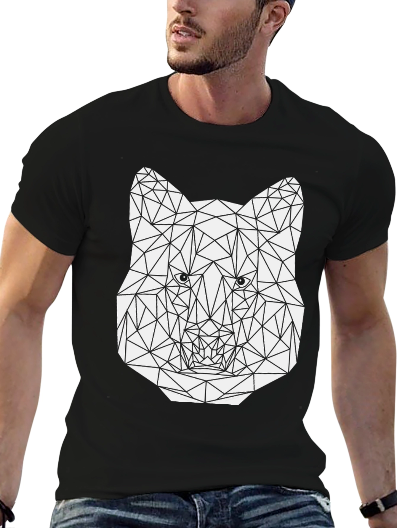 Geometric Wolf Graphic Tee - Stylish Mens Black T-Shirt