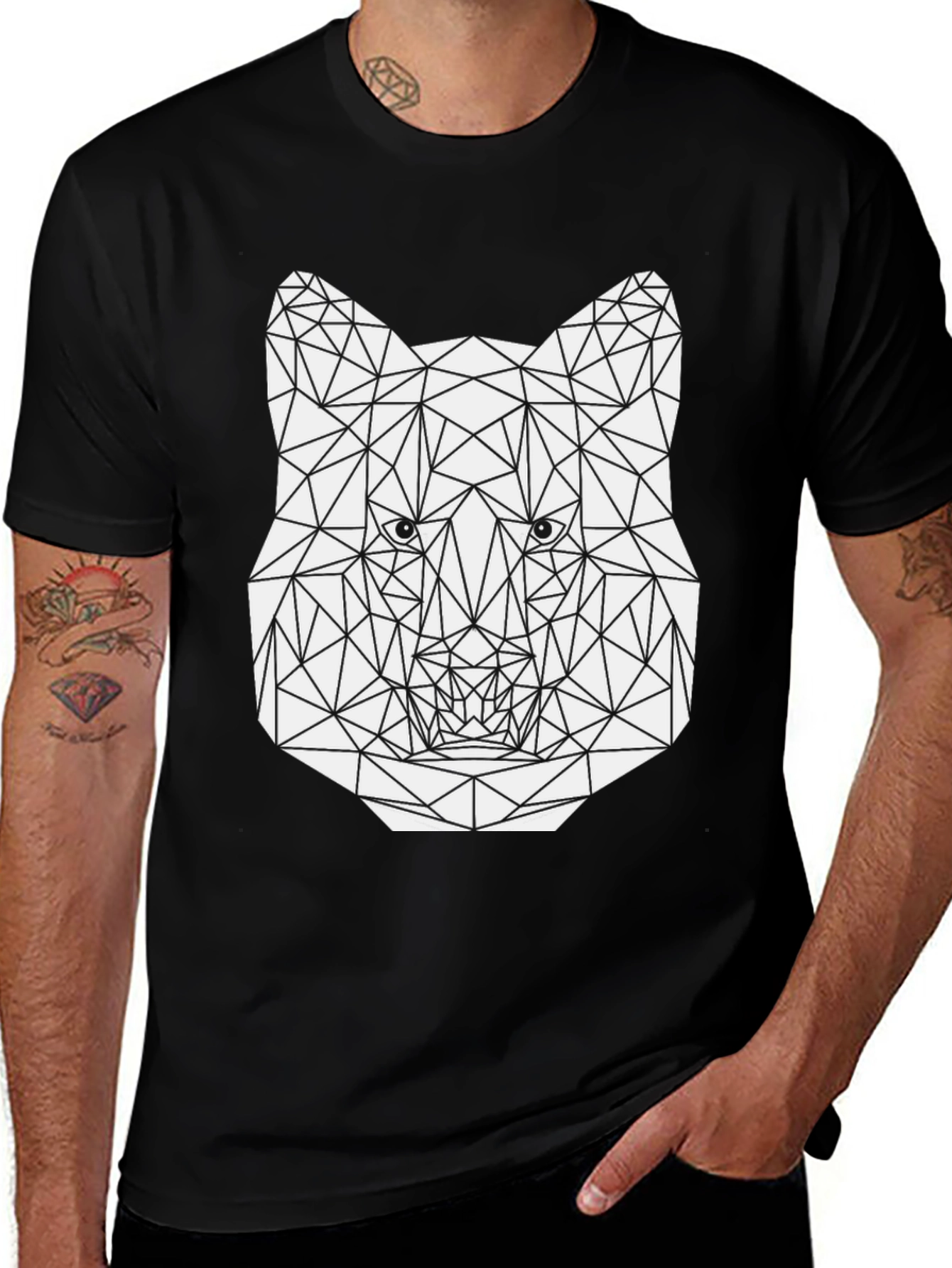 Geometric Wolf Graphic Tee - Stylish Mens Black T-Shirt