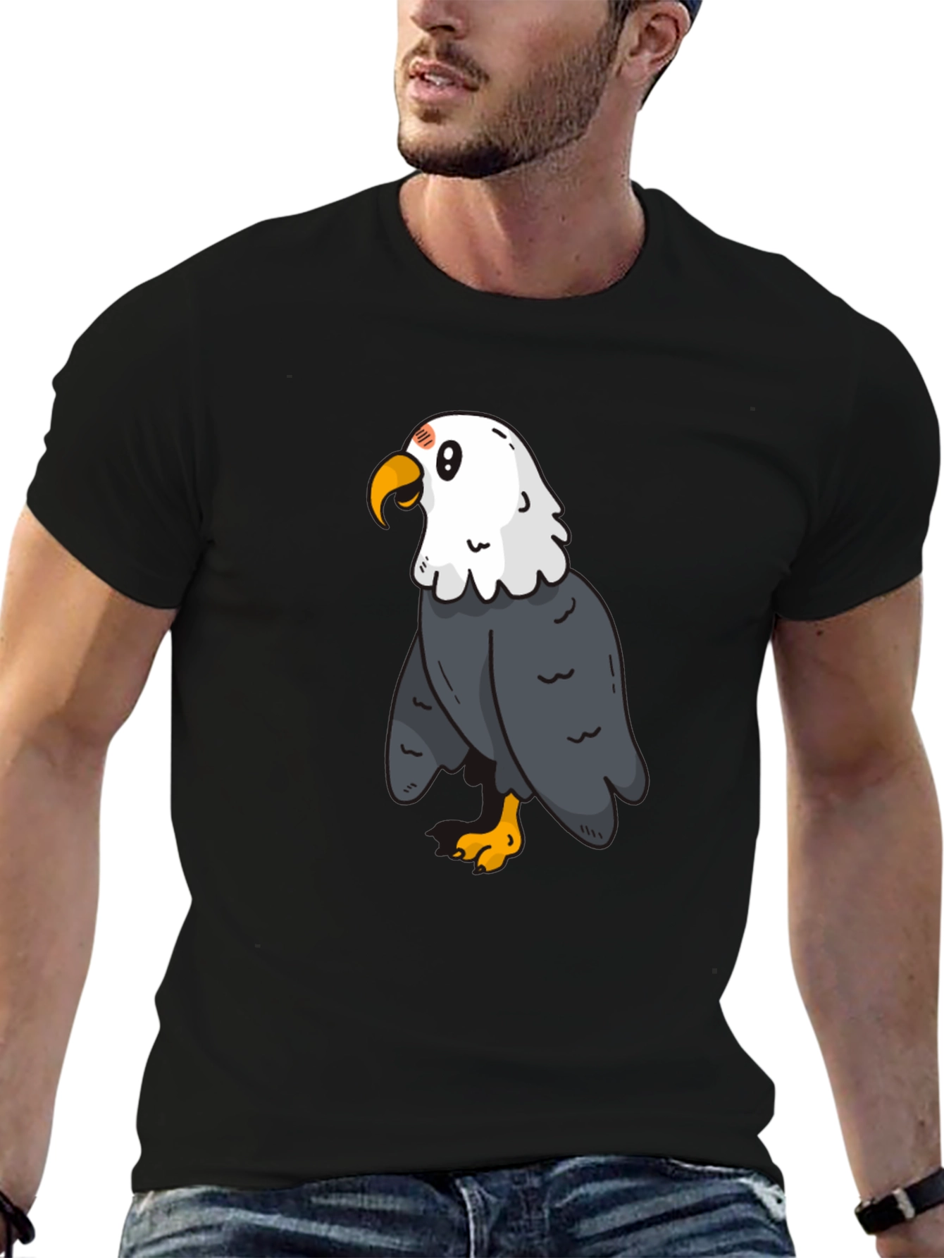 Cartoon Eagle Graphic Tee - Black Cotton Blend