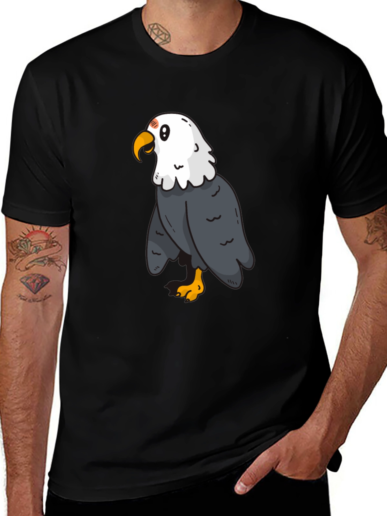 Cartoon Eagle Graphic Tee - Black Cotton Blend