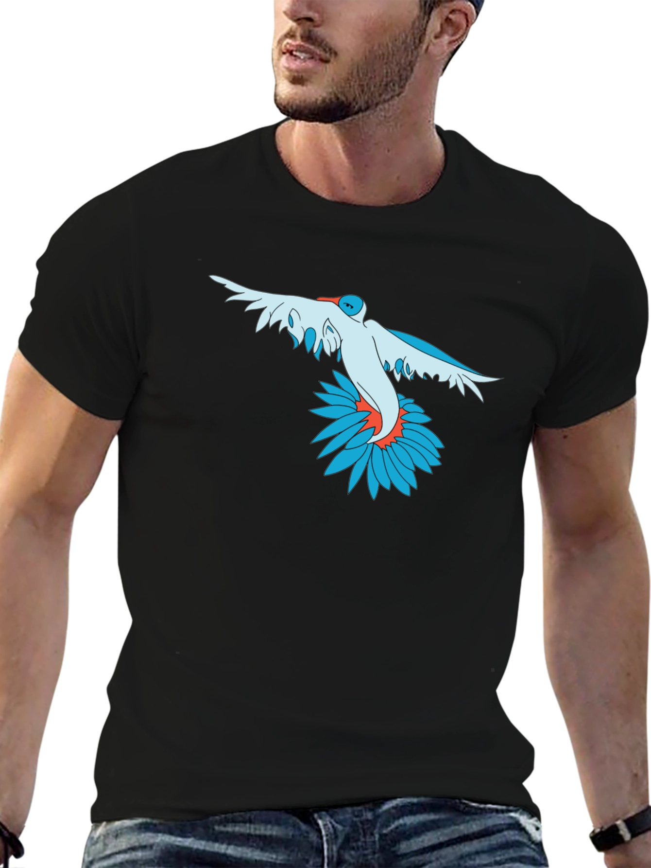 Bird and Flower Graphic Print Black T-Shirt