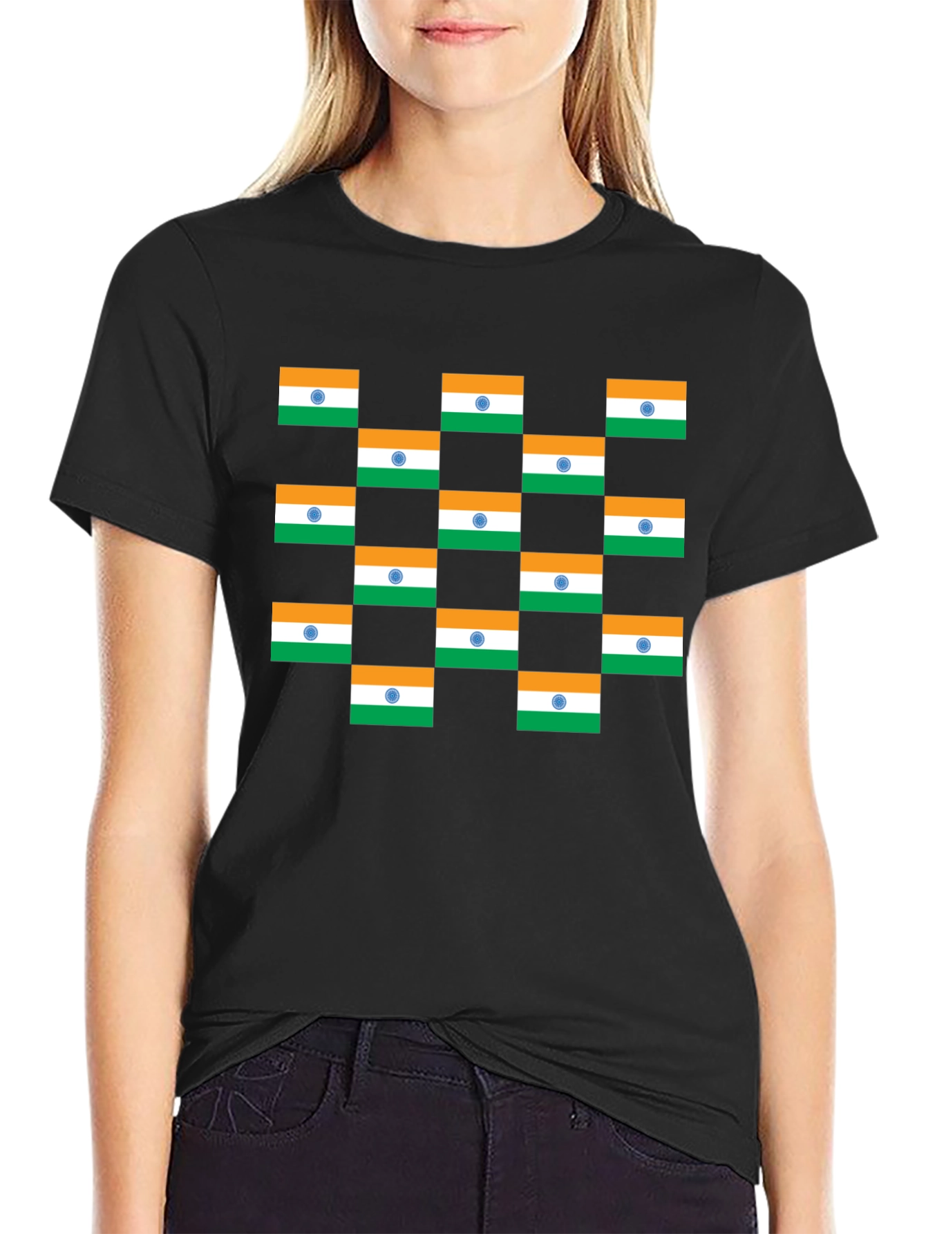 India Flag Pattern Black T-Shirt