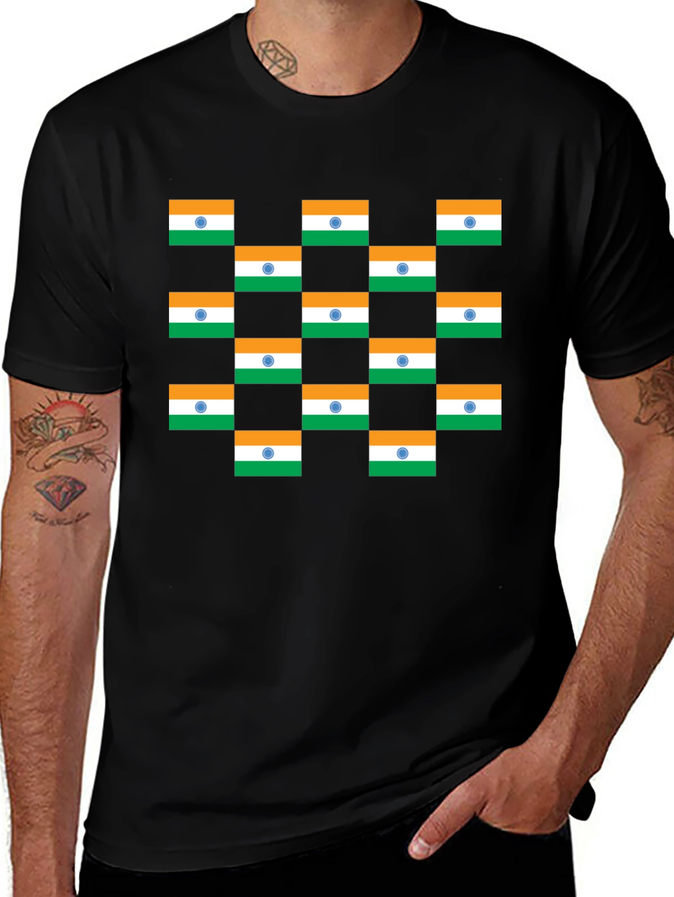 India Flag Pattern Black T-Shirt