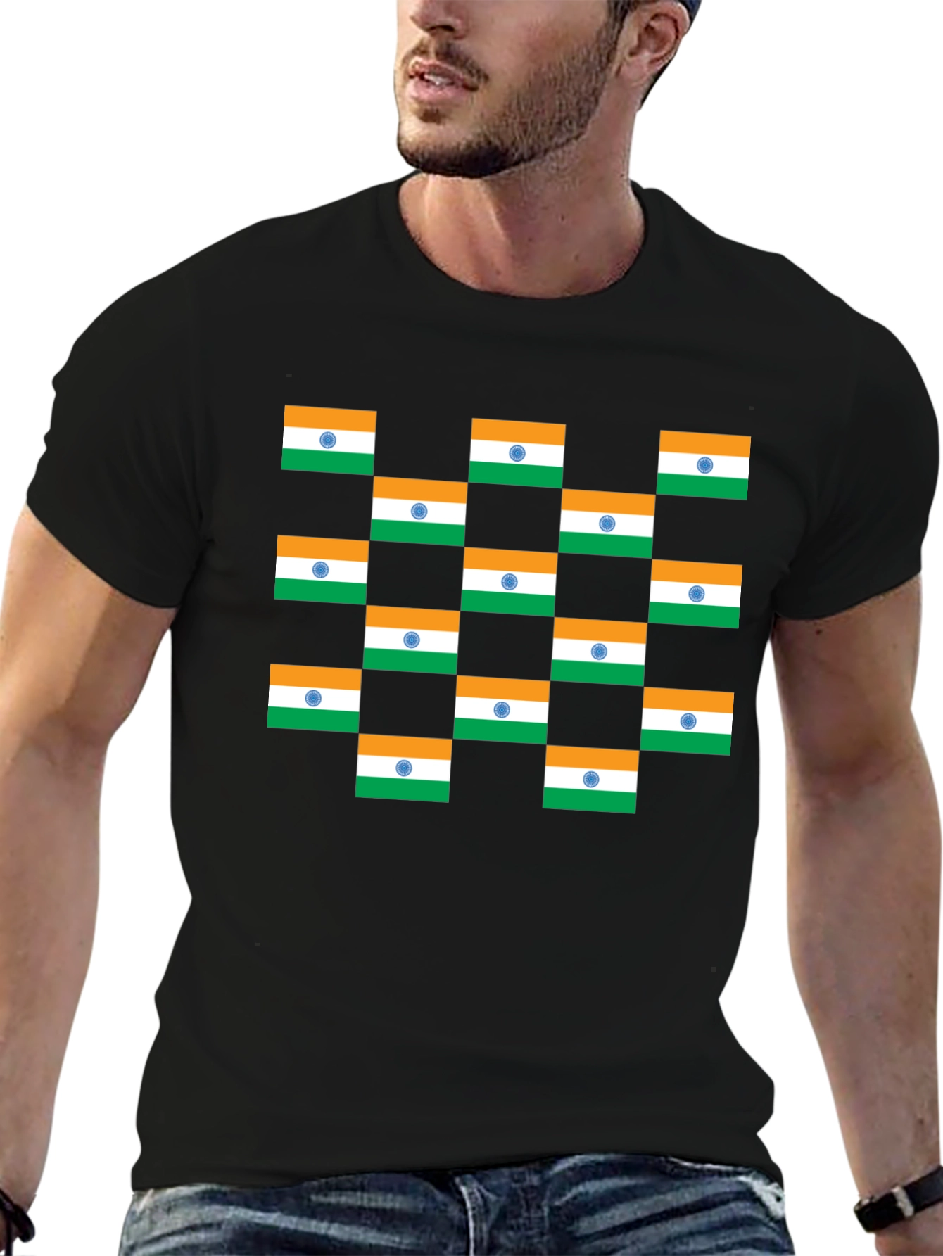India Flag Pattern Black T-Shirt